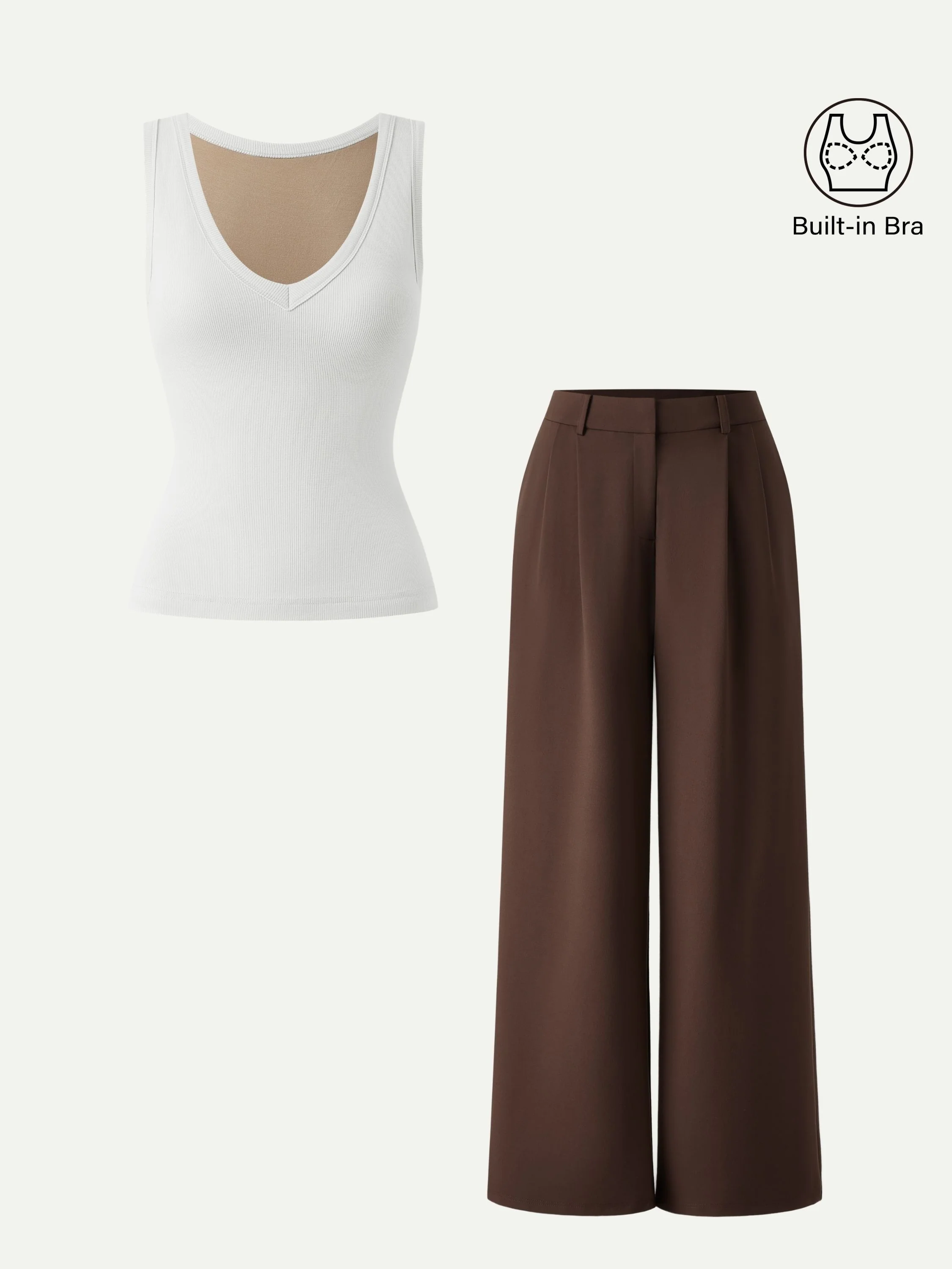 2Pcs Set V-neck Bra Tank & Wide Leg Pant with Pockets - Image 2