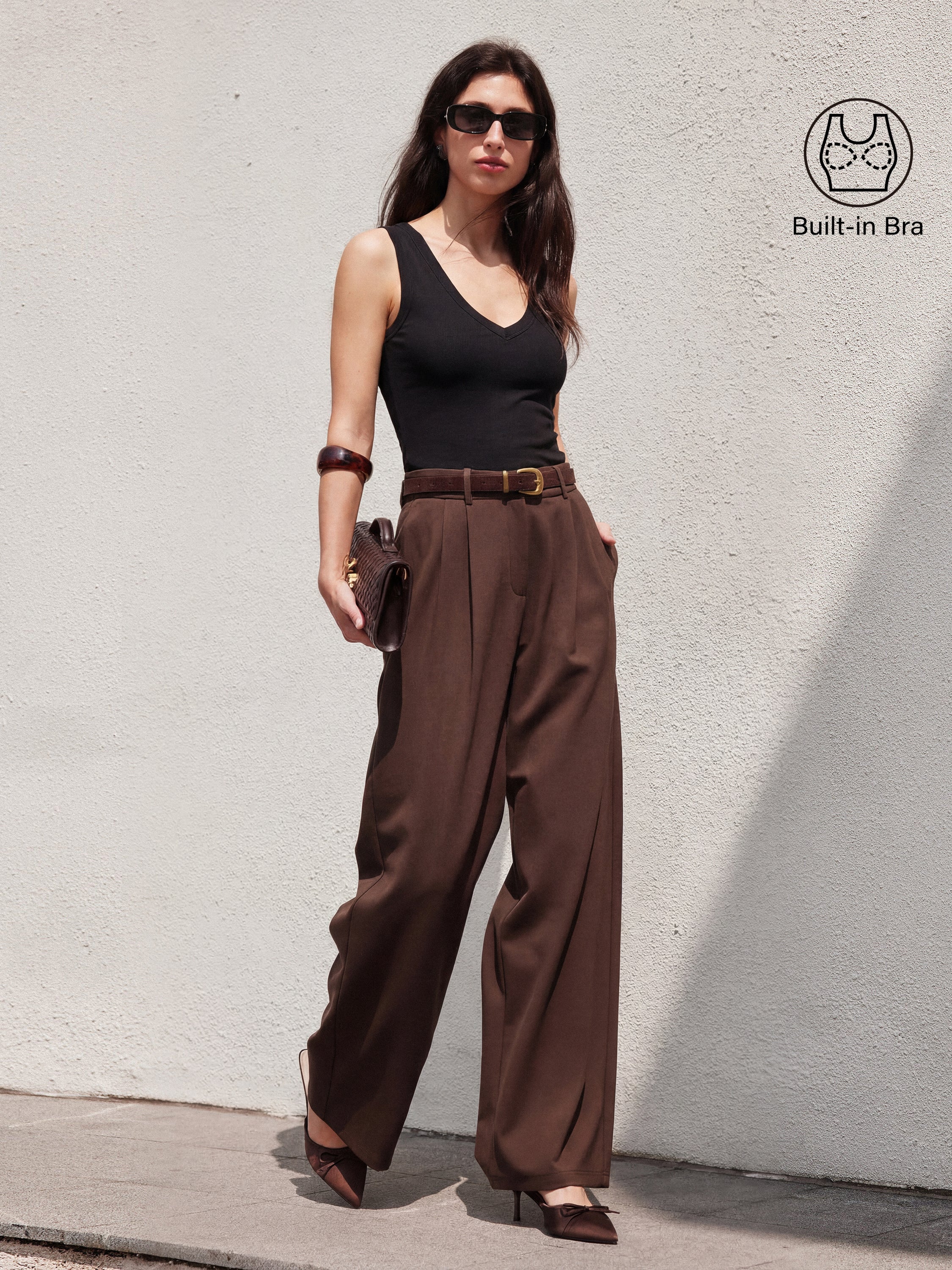 2Pcs Set V-neck Bra Tank & Wide Leg Pant with Pockets - Image 4