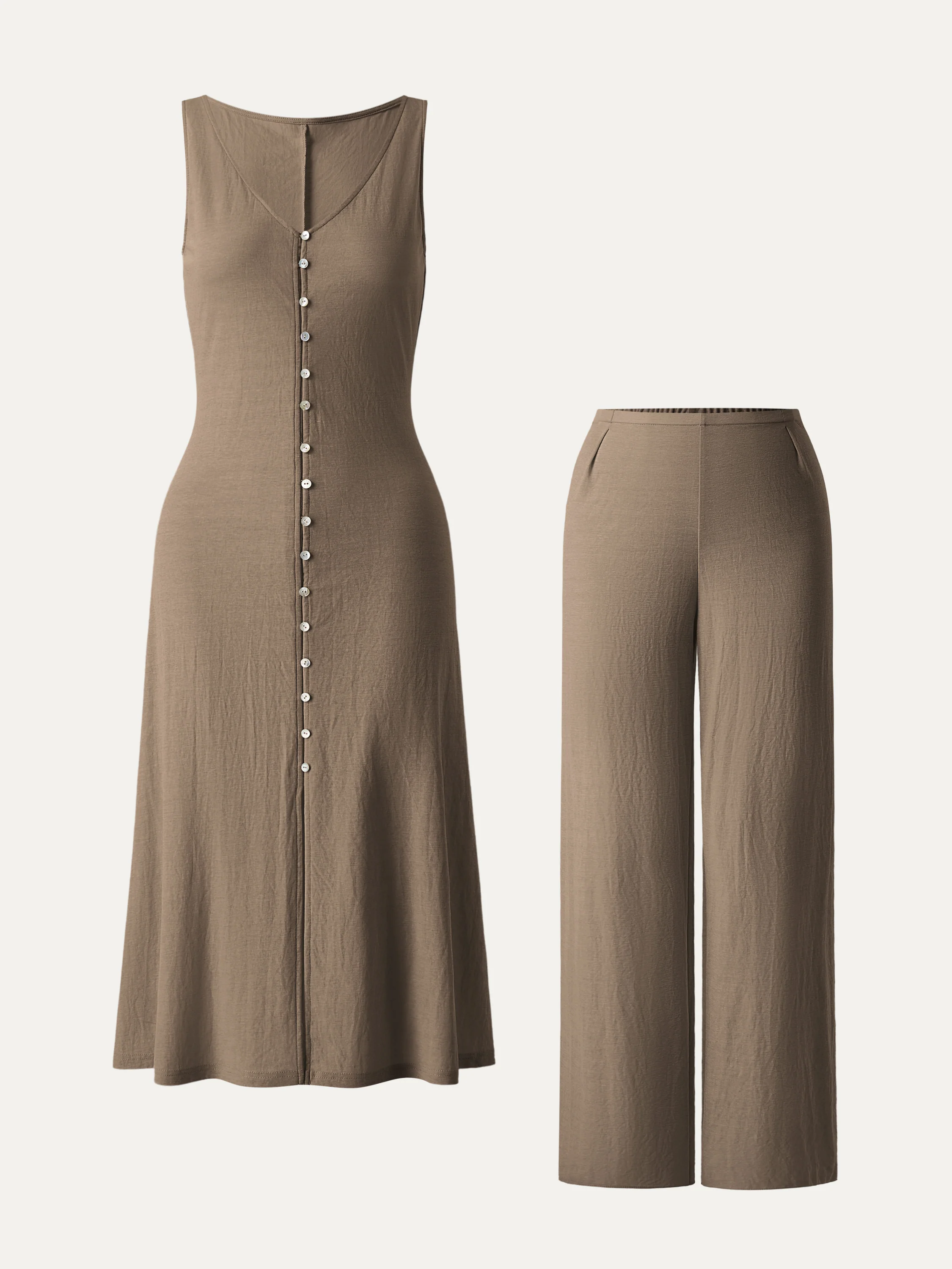 2Pcs Set V-neck Button Front Midi Vest Dress & Mid Rise Straight Leg Pant - Image 2