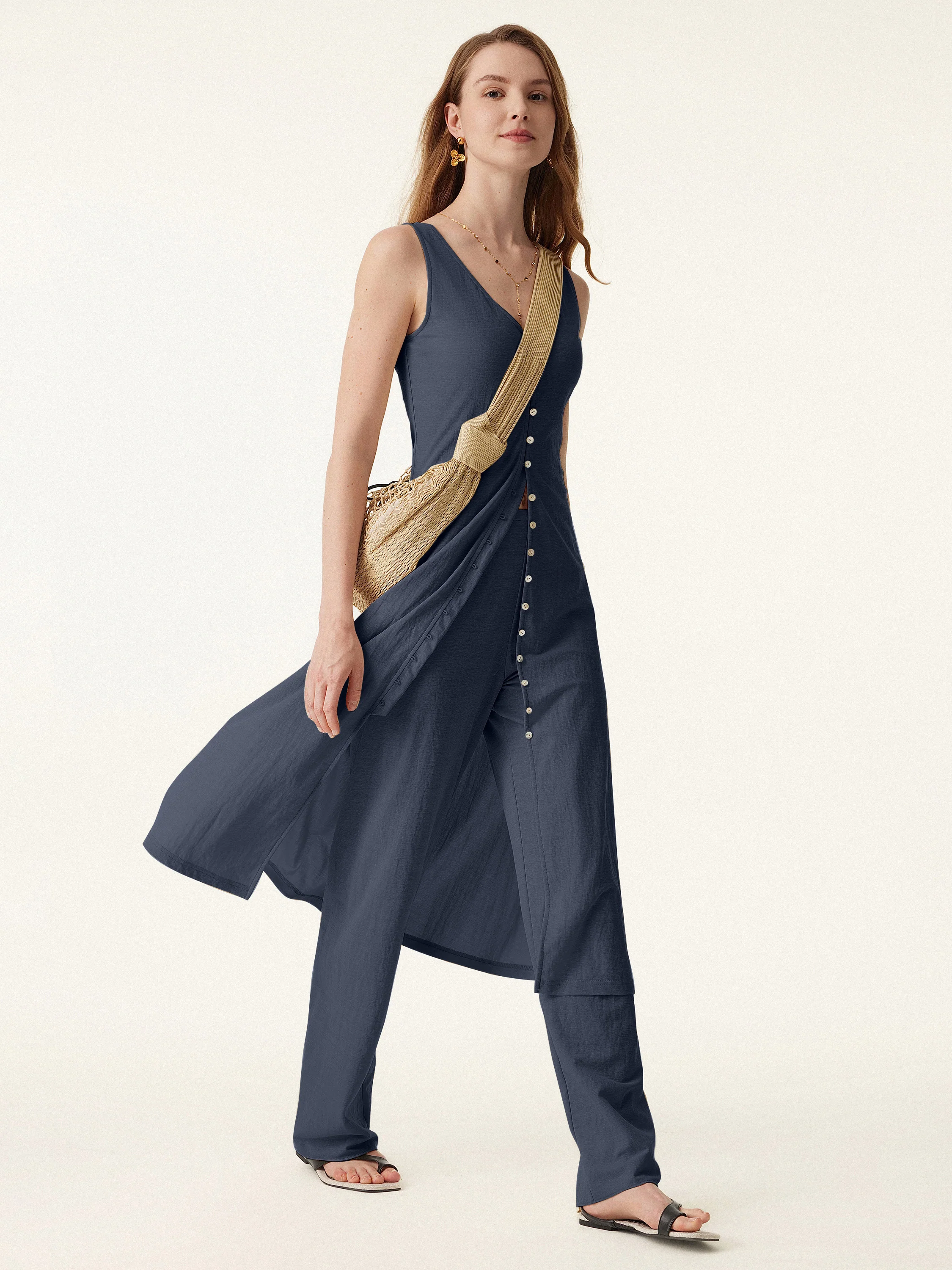 2Pcs Set V-neck Button Front Midi Vest Dress & Mid Rise Straight Leg Pant - Image 3