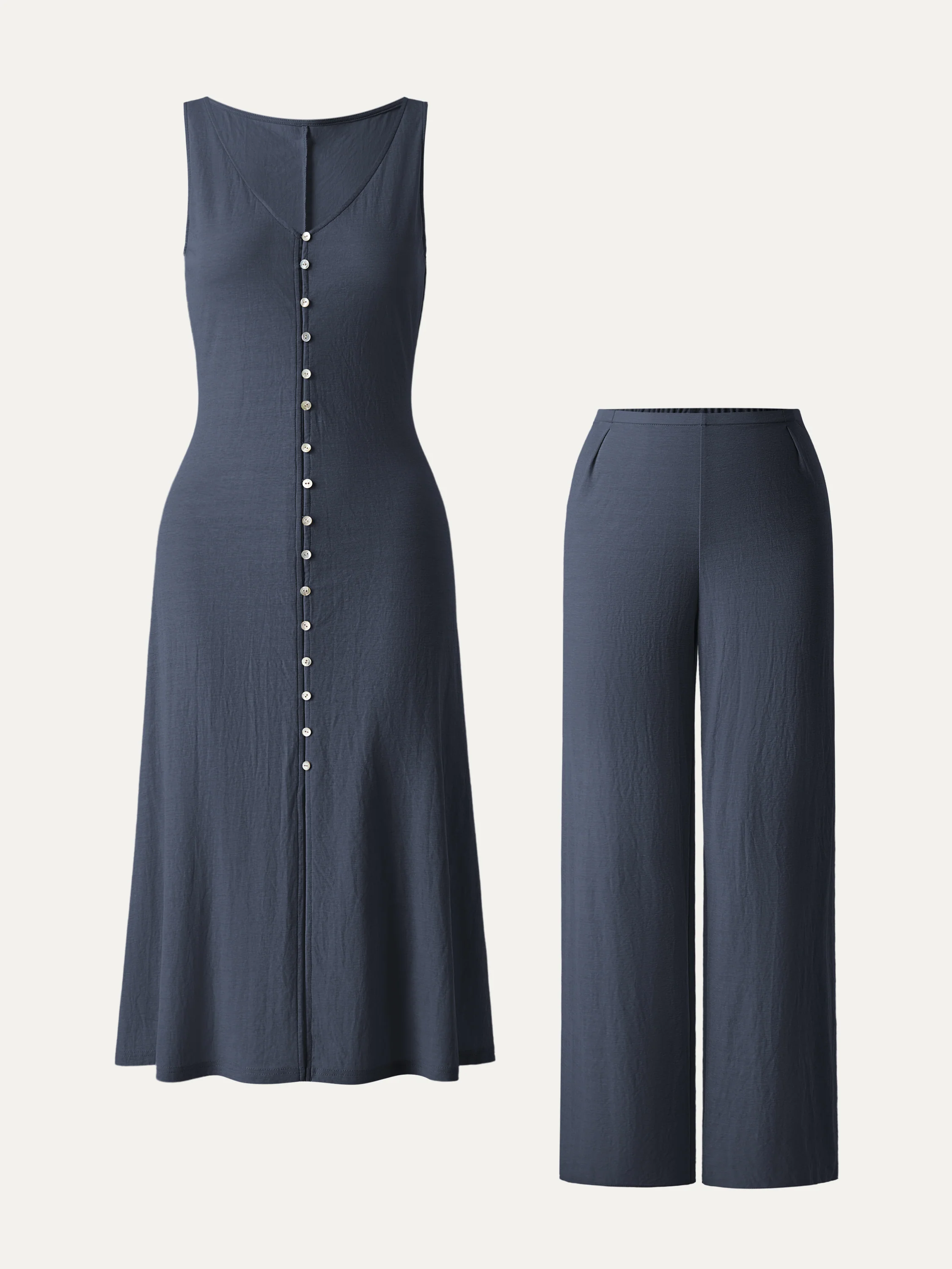 2Pcs Set V-neck Button Front Midi Vest Dress & Mid Rise Straight Leg Pant - Image 4