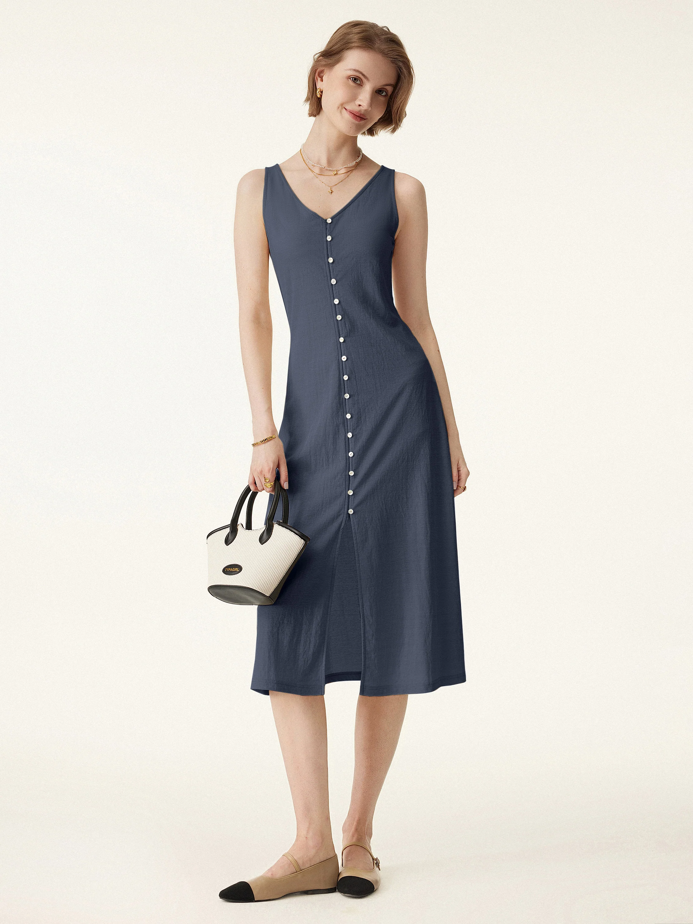 Multi-wear V-neck Button Front Midi Vest Dress - Image 3