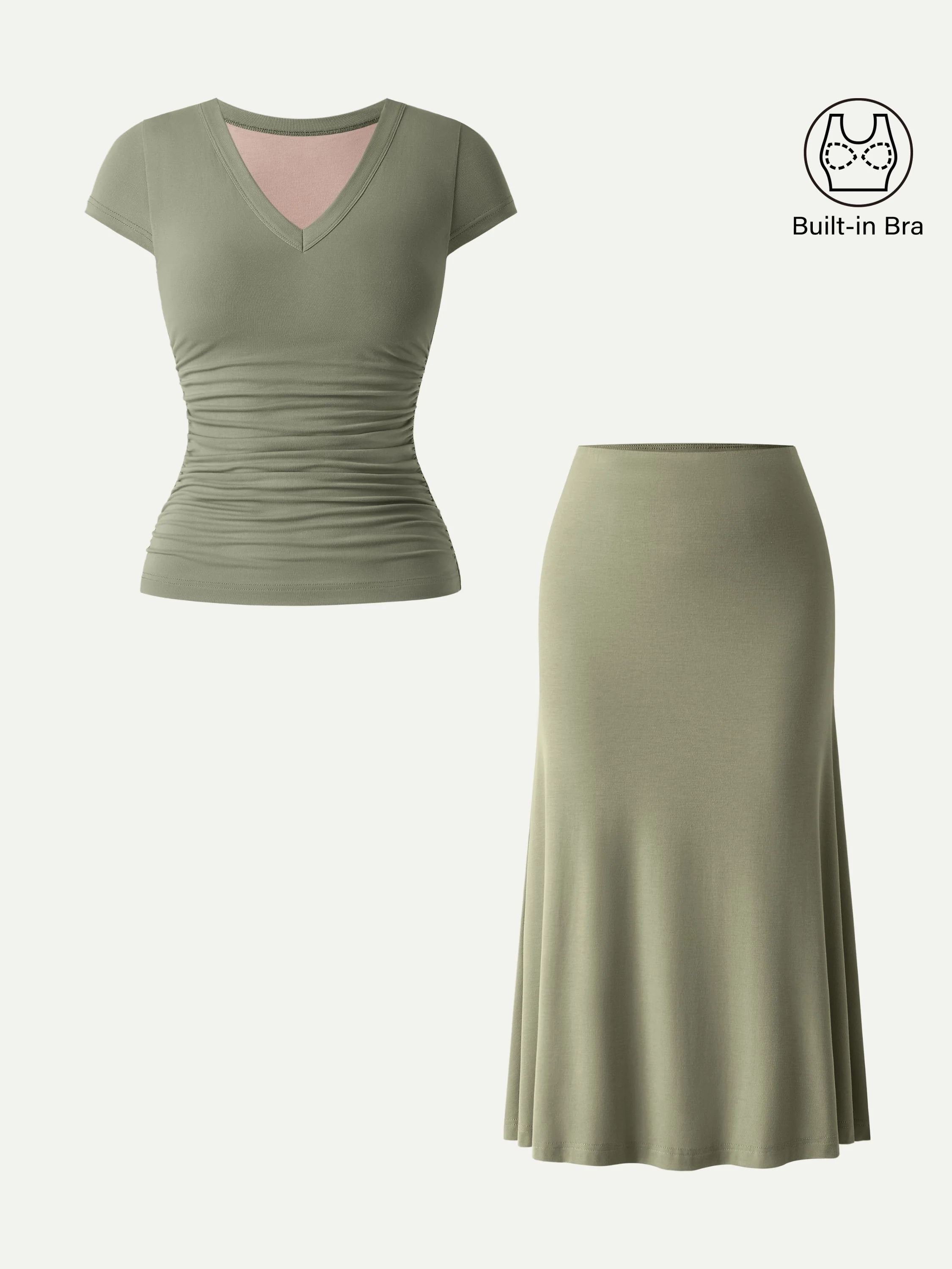2Pcs Set V-neck Cap Sleeve Bra Tee & Pull-on Mermaid Midi Skirt - Image 2