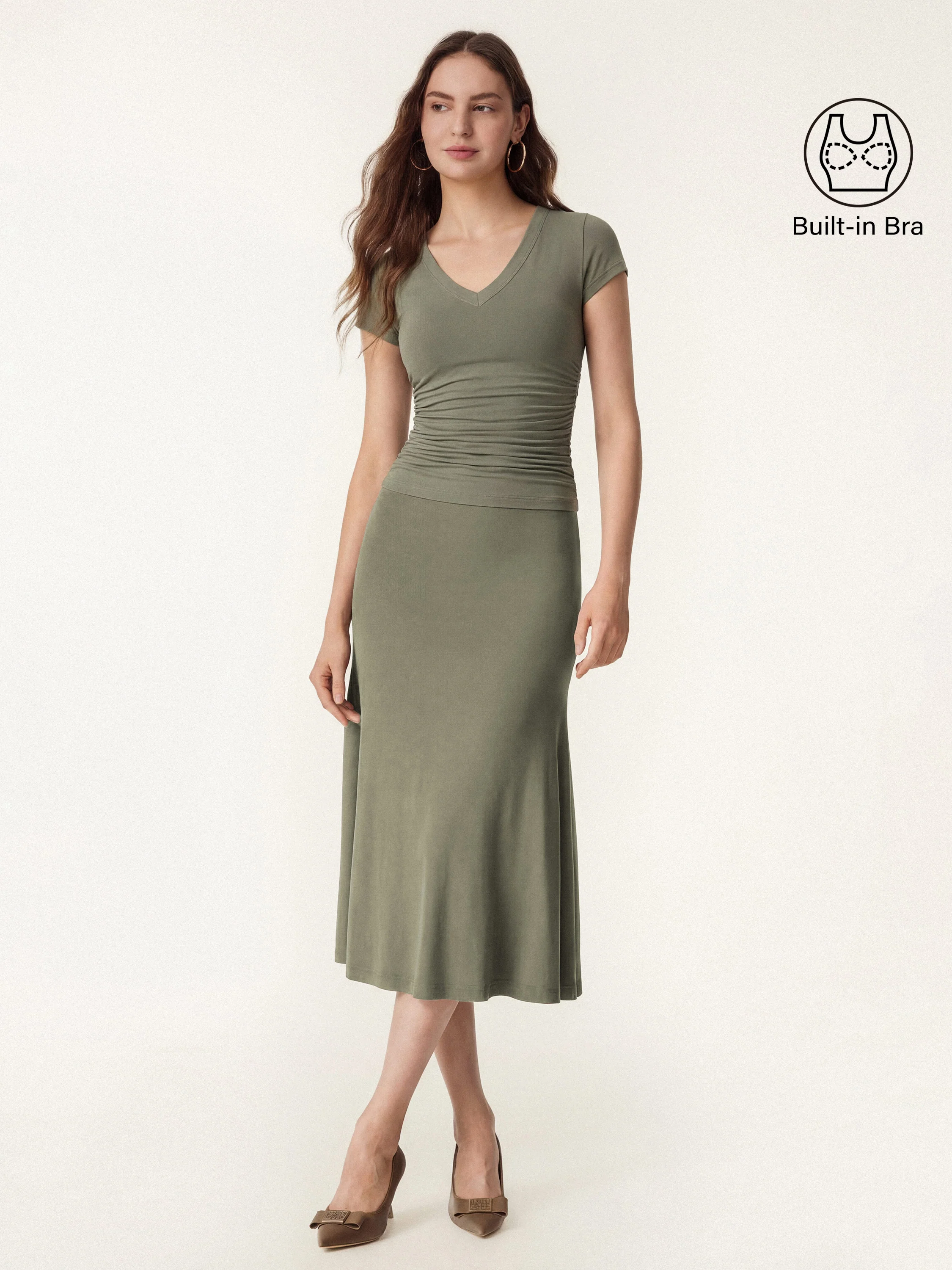 2Pcs Set V-neck Cap Sleeve Bra Tee & Pull-on Mermaid Midi Skirt - Image 3