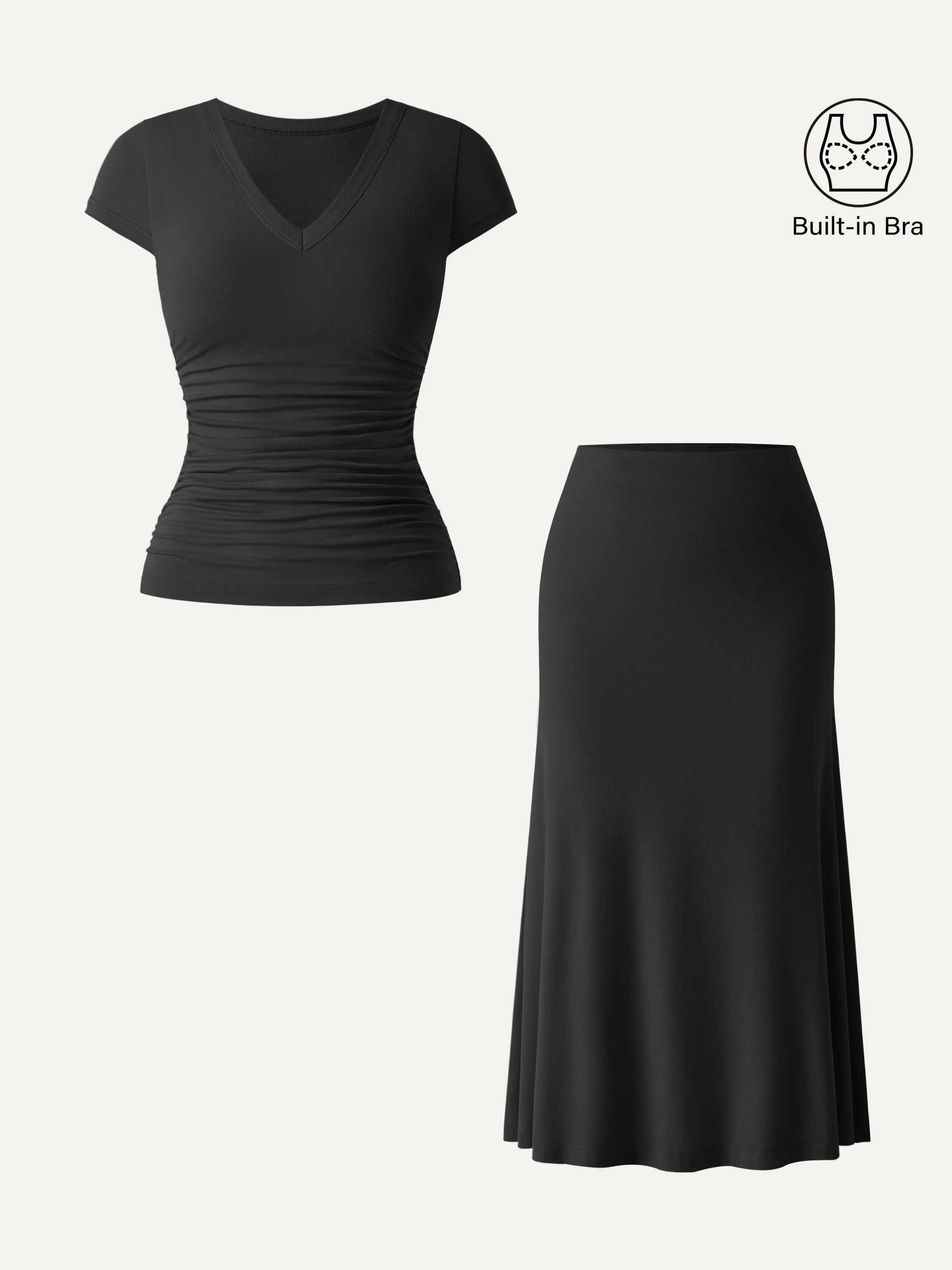 2Pcs Set V-neck Cap Sleeve Bra Tee & Pull-on Mermaid Midi Skirt - Image 4