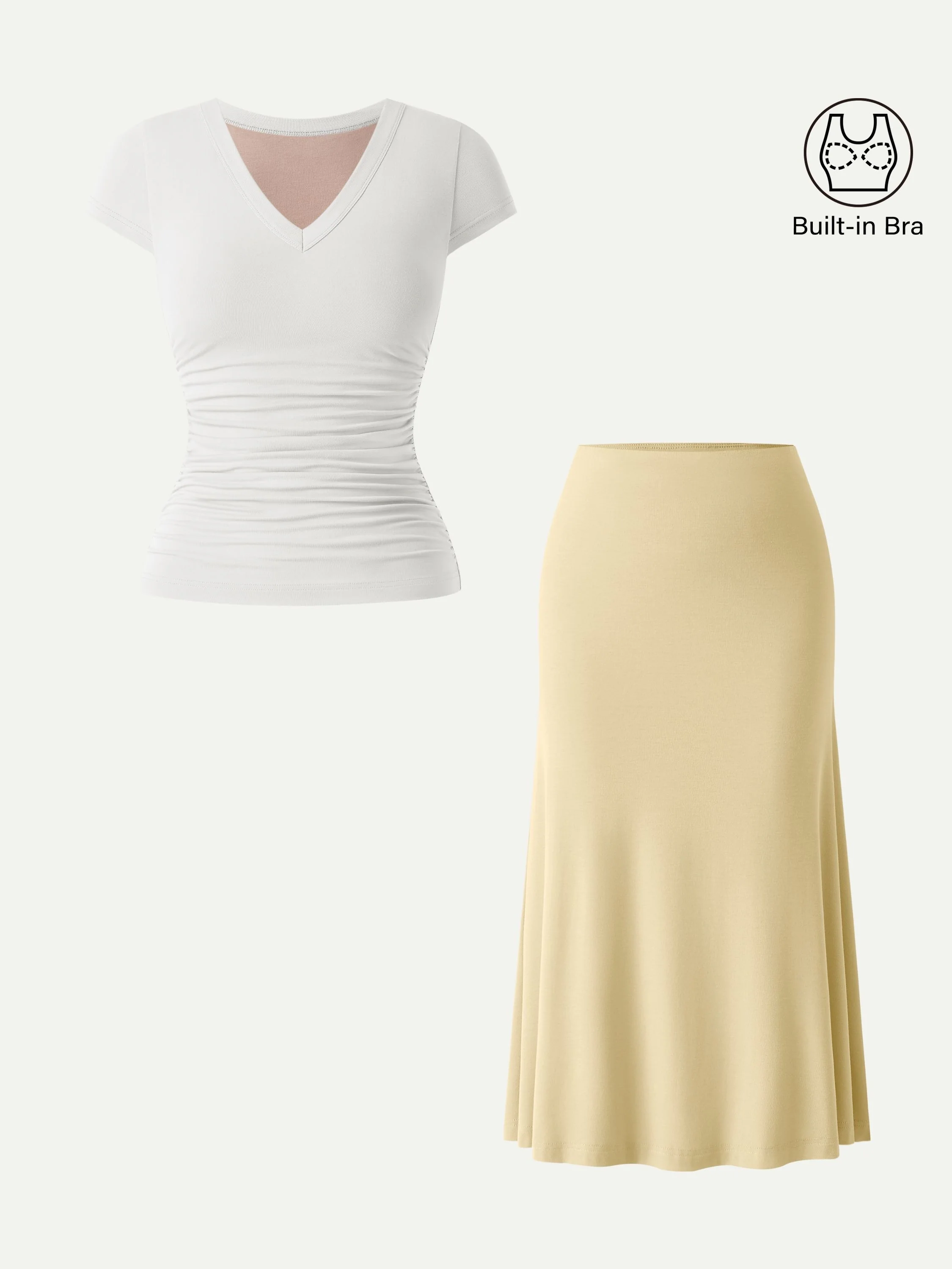 2Pcs Set V-neck Cap Sleeve Bra Tee & Pull-on Mermaid Midi Skirt - Image 5