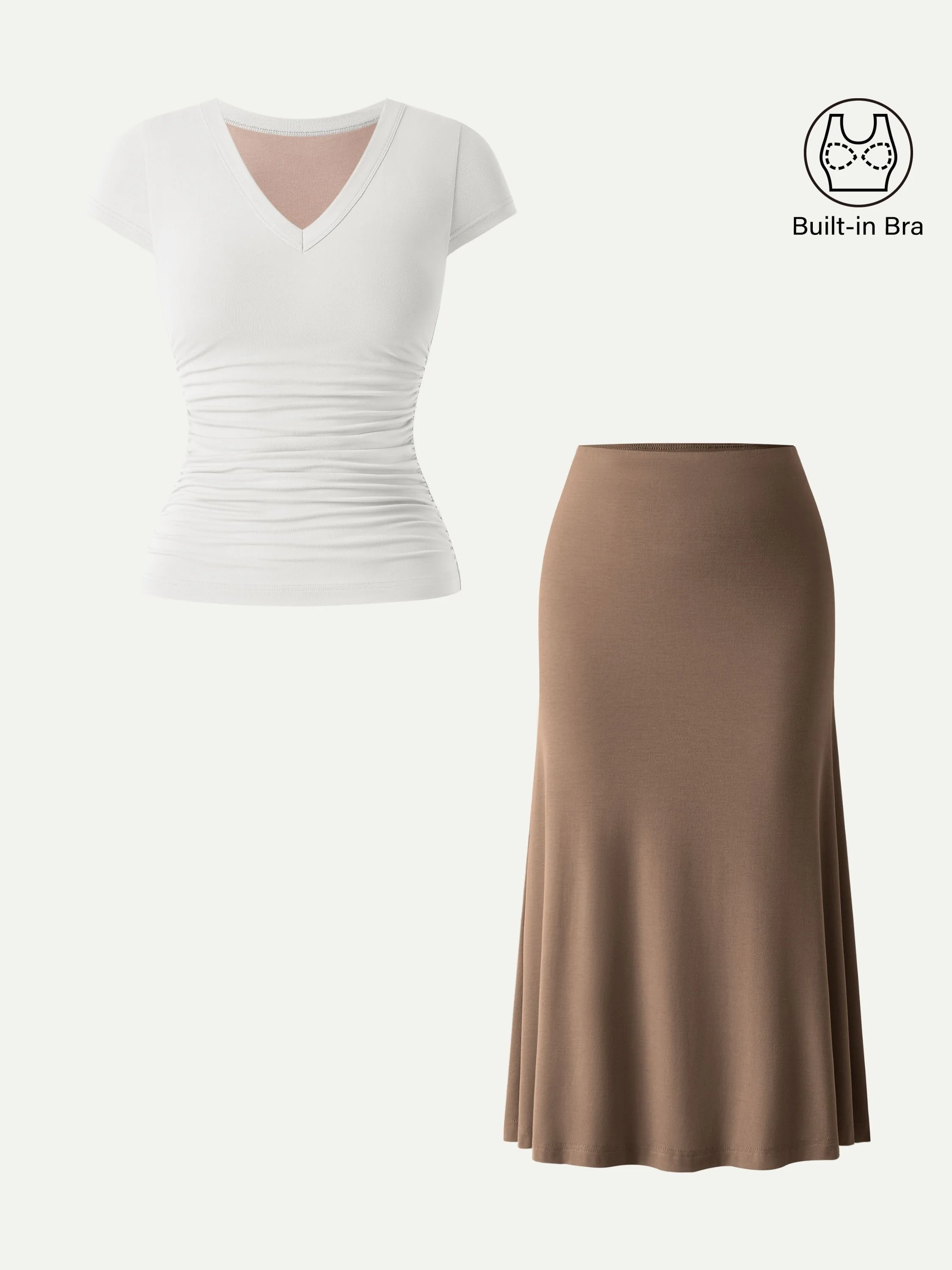 2Pcs Set V-neck Cap Sleeve Bra Tee & Pull-on Mermaid Midi Skirt - Image 6