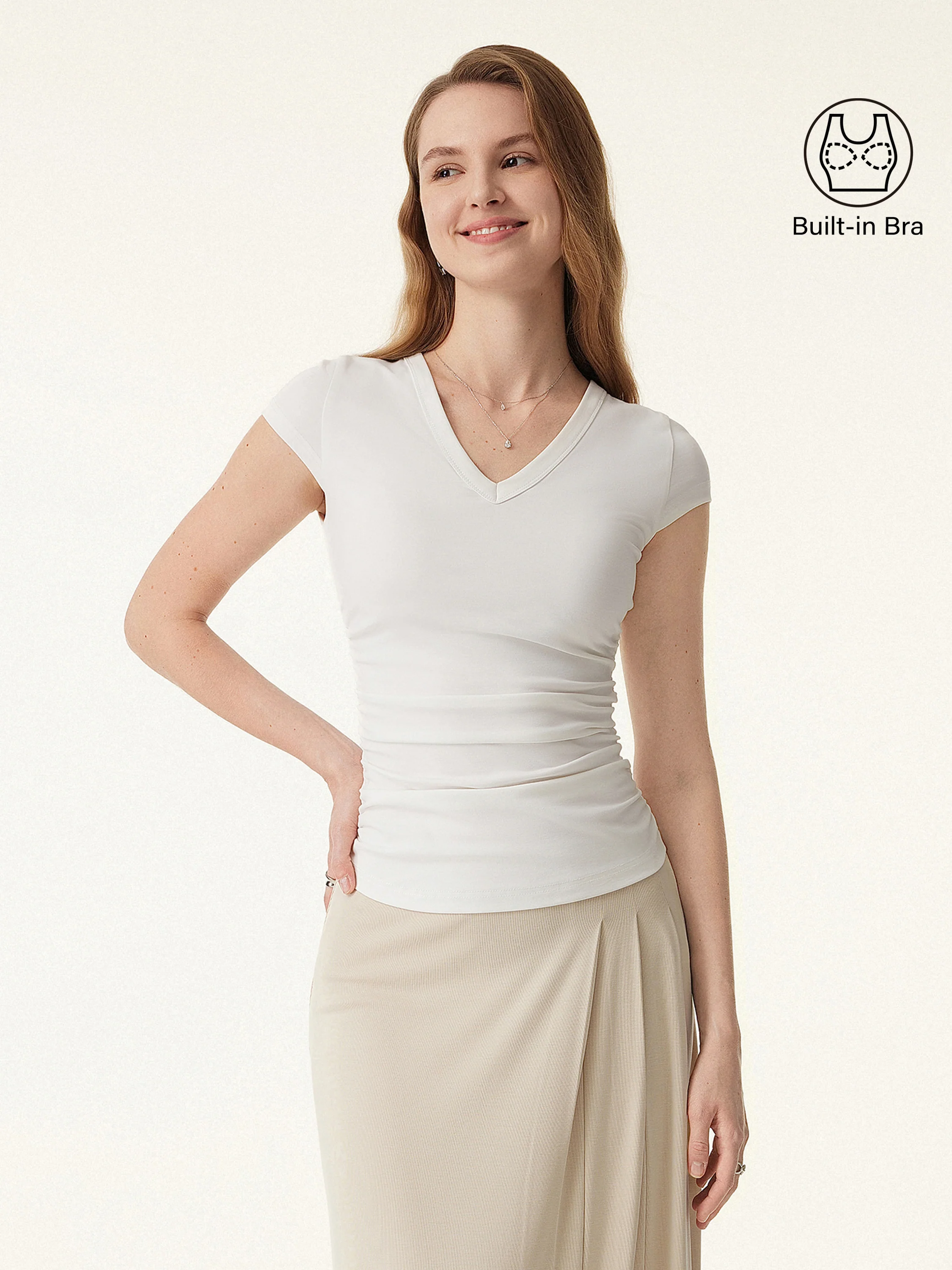 Elevated V-neck Side Ruched Cap Sleeve Bra Tee - Image 4