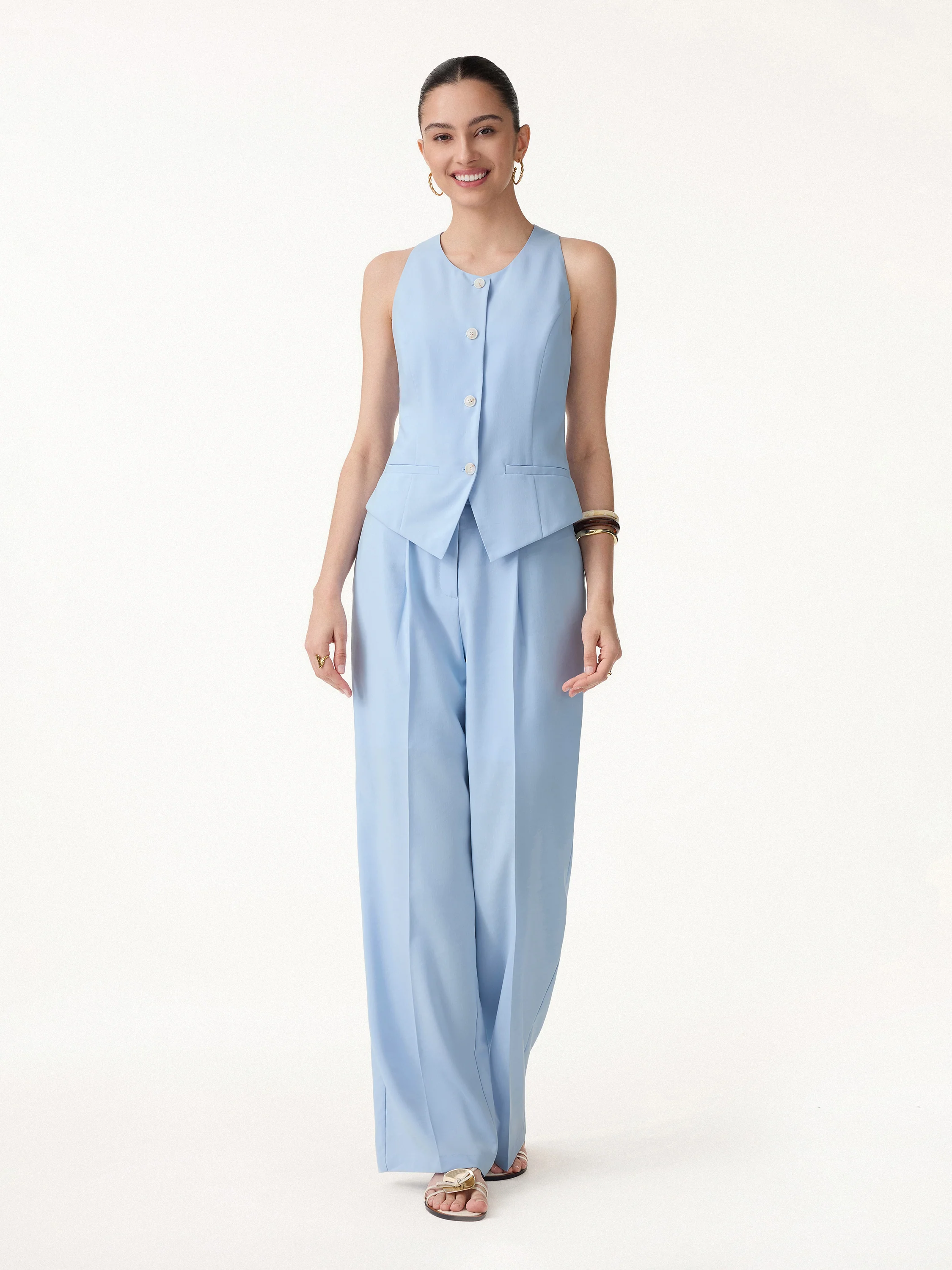 2Pcs Set Waistcoat with Pockets & Wide Leg Pants - Image 12