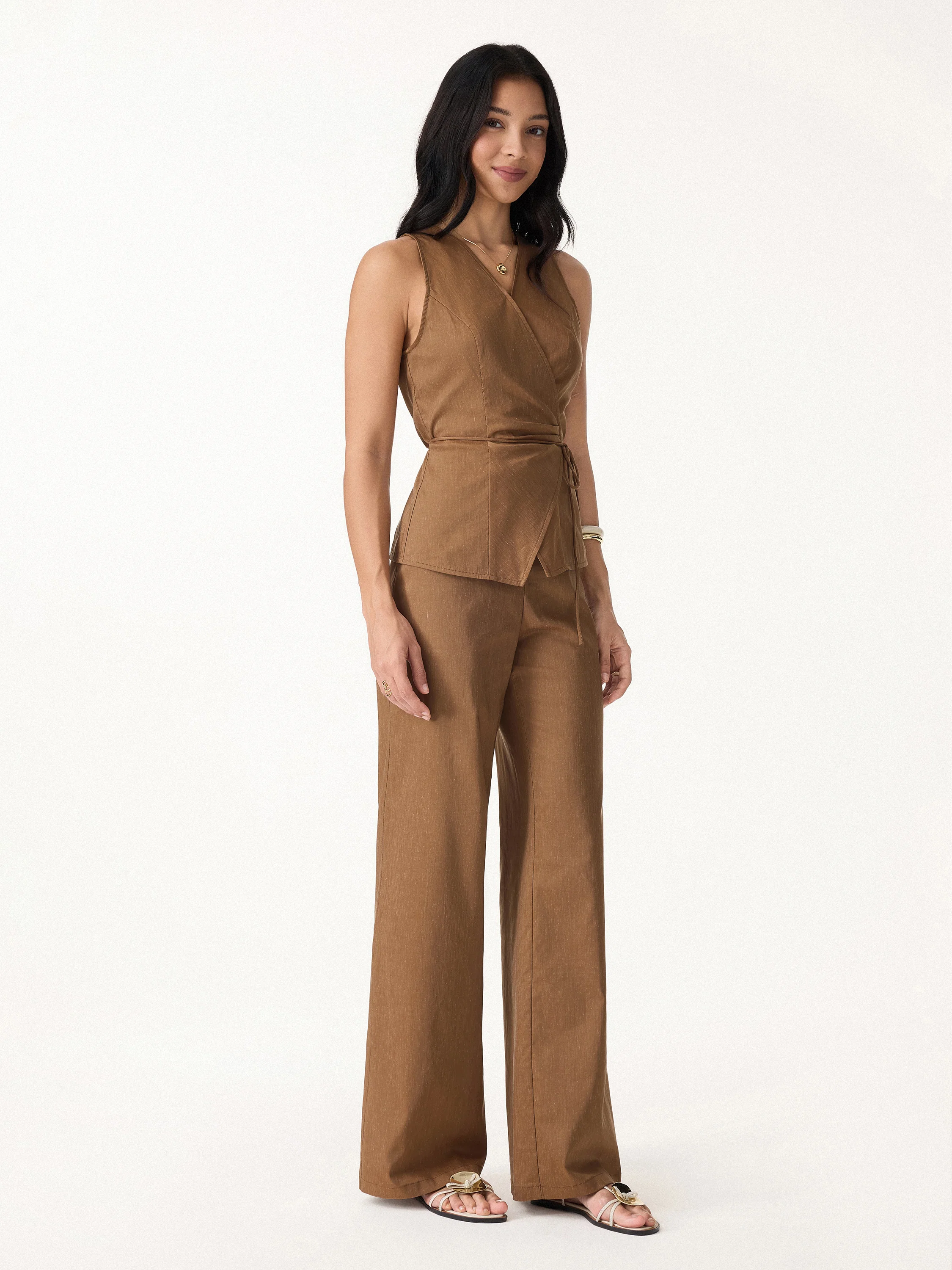 2Pcs Set Wrap Top with Self-Tie & Drawstring Wide Leg Pants with Pockets