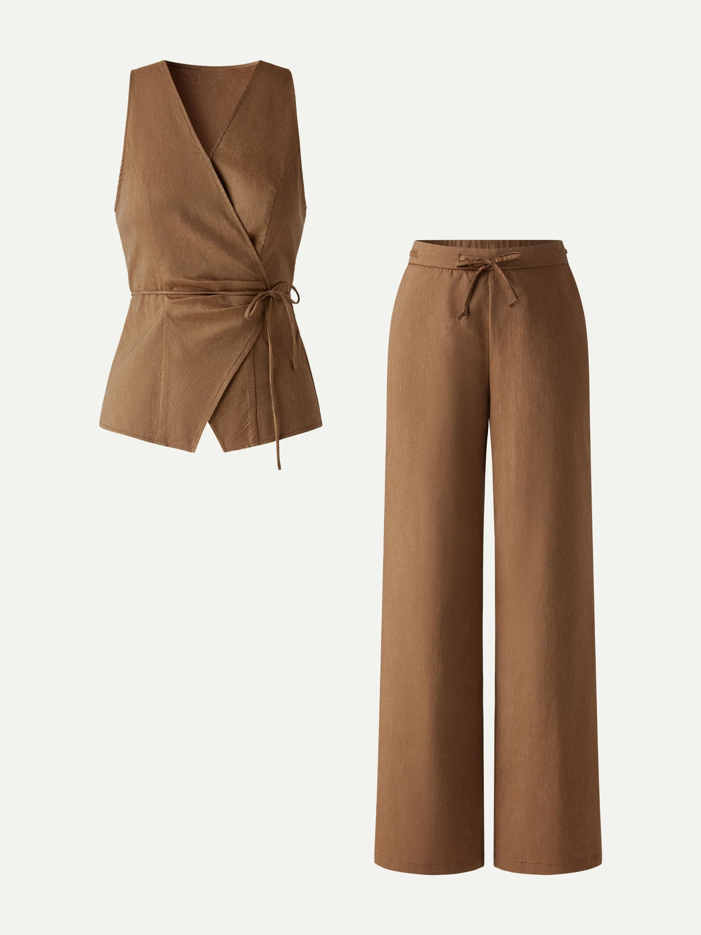 2Pcs Set Wrap Top with Self-Tie & Drawstring Wide Leg Pants with Pockets - Image 11