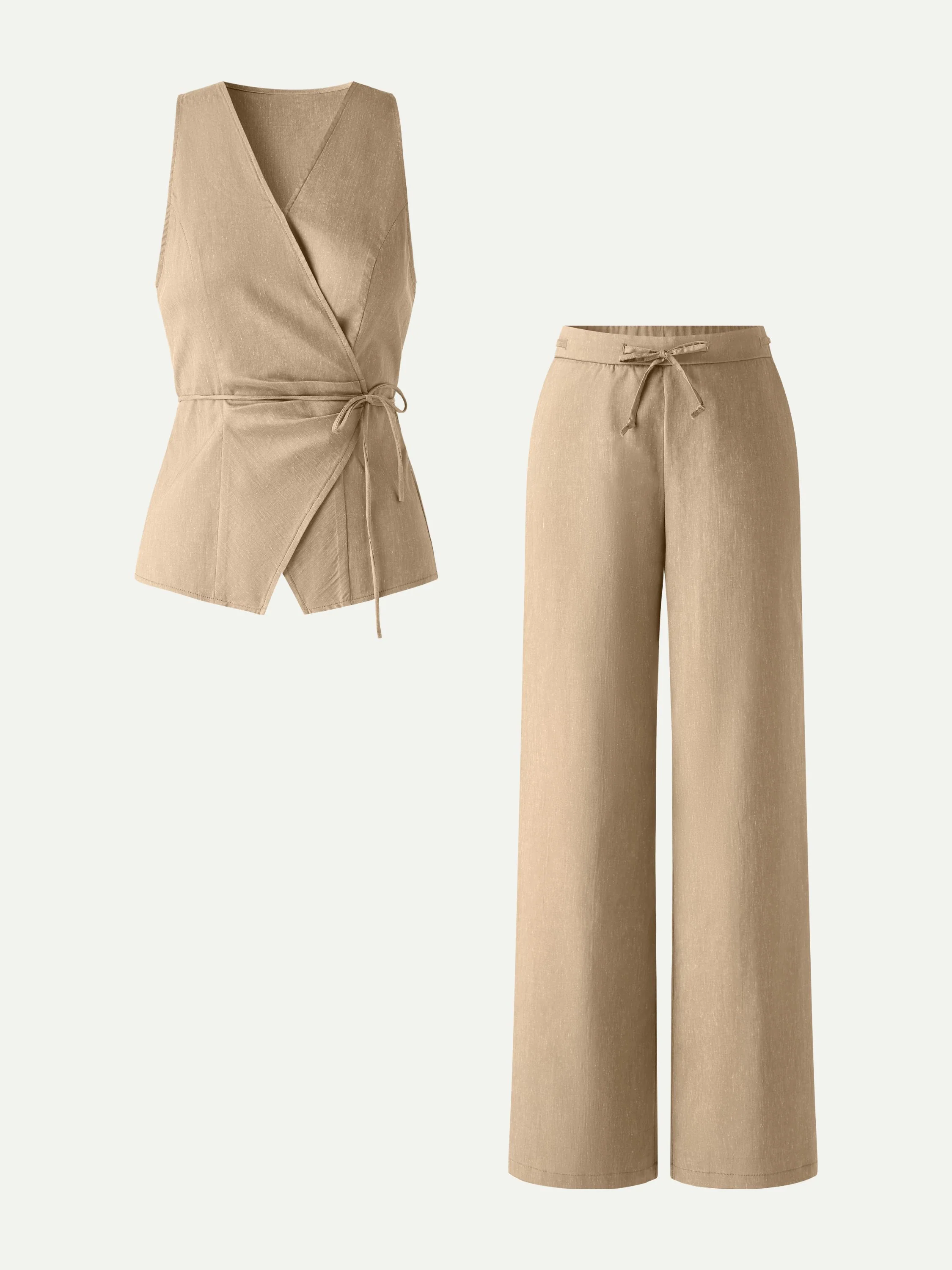 2Pcs Set Wrap Top with Self-Tie & Drawstring Wide Leg Pants with Pockets - Image 12
