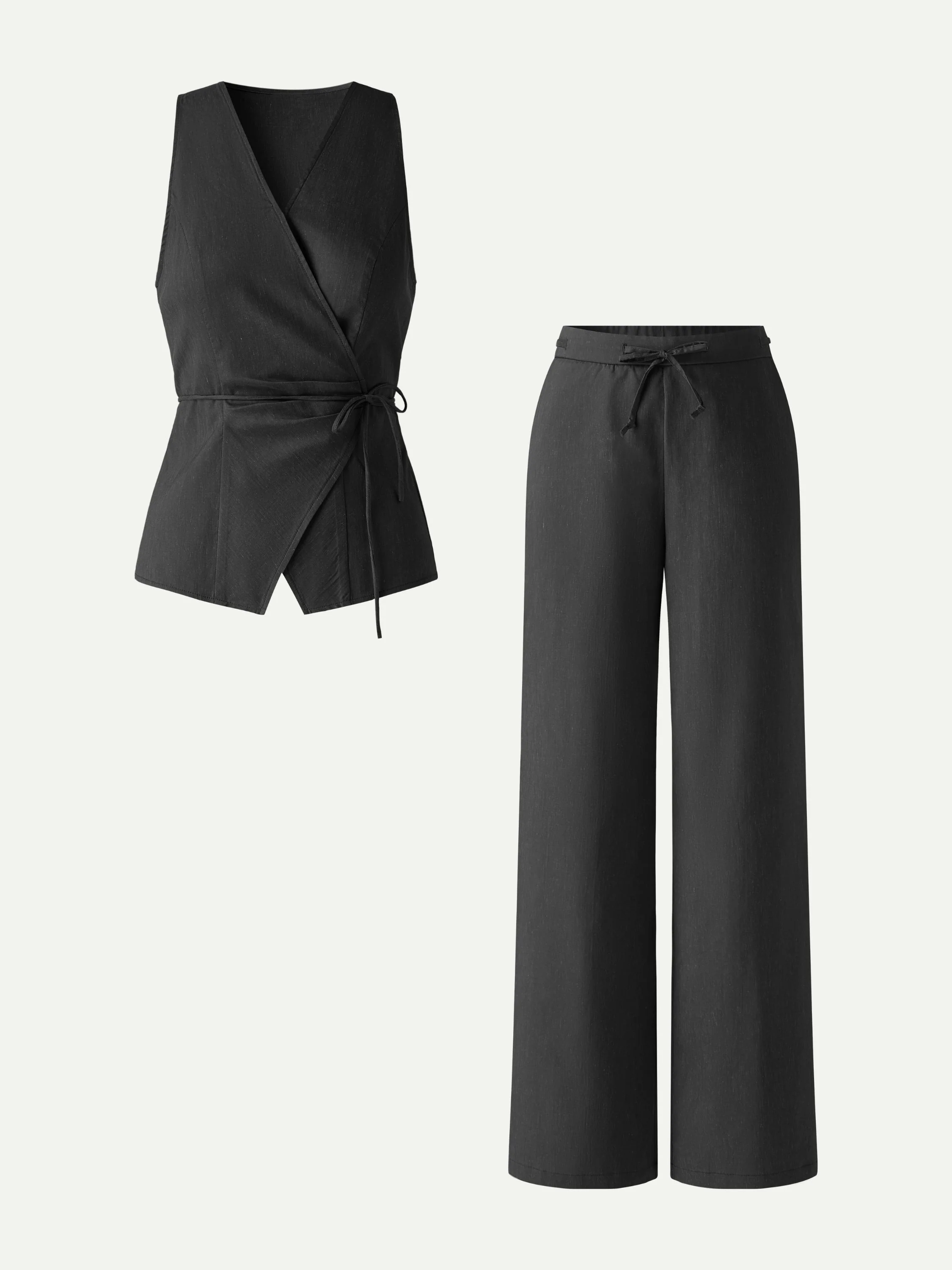 2Pcs Set Wrap Top with Self-Tie & Drawstring Wide Leg Pants with Pockets - Image 13