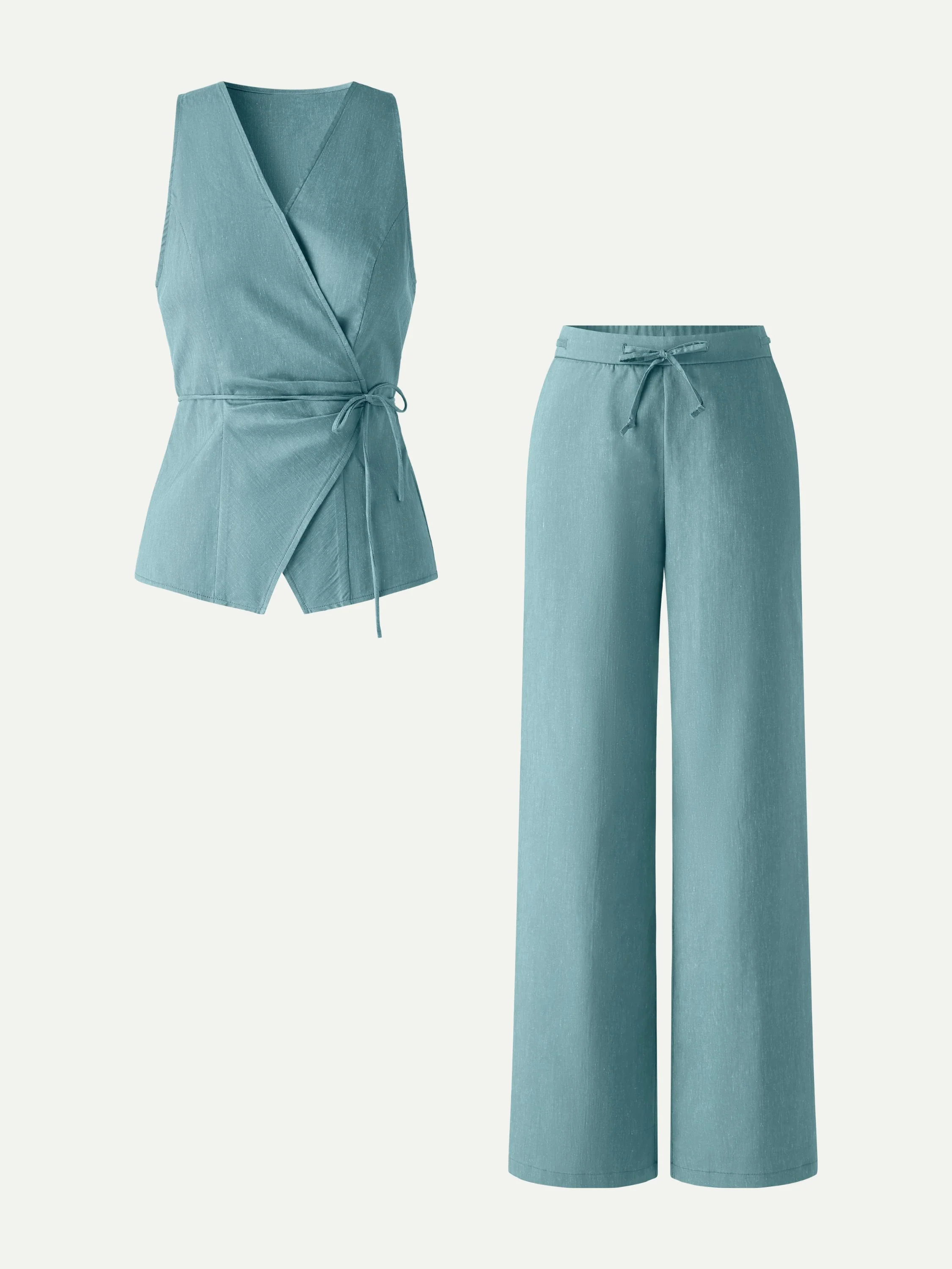 2Pcs Set Wrap Top with Self-Tie & Drawstring Wide Leg Pants with Pockets - Image 14