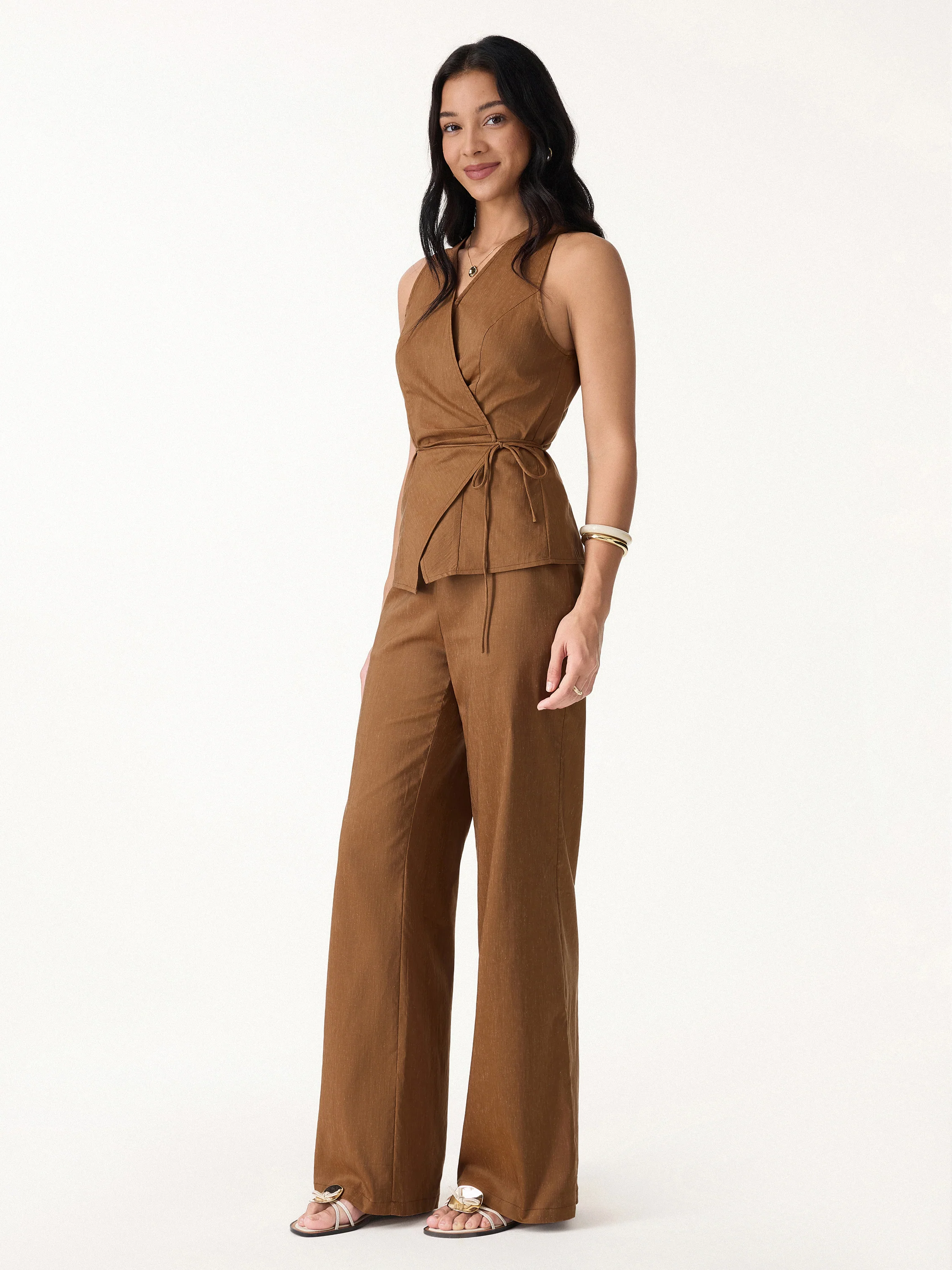 2Pcs Set Wrap Top with Self-Tie & Drawstring Wide Leg Pants with Pockets - Image 4