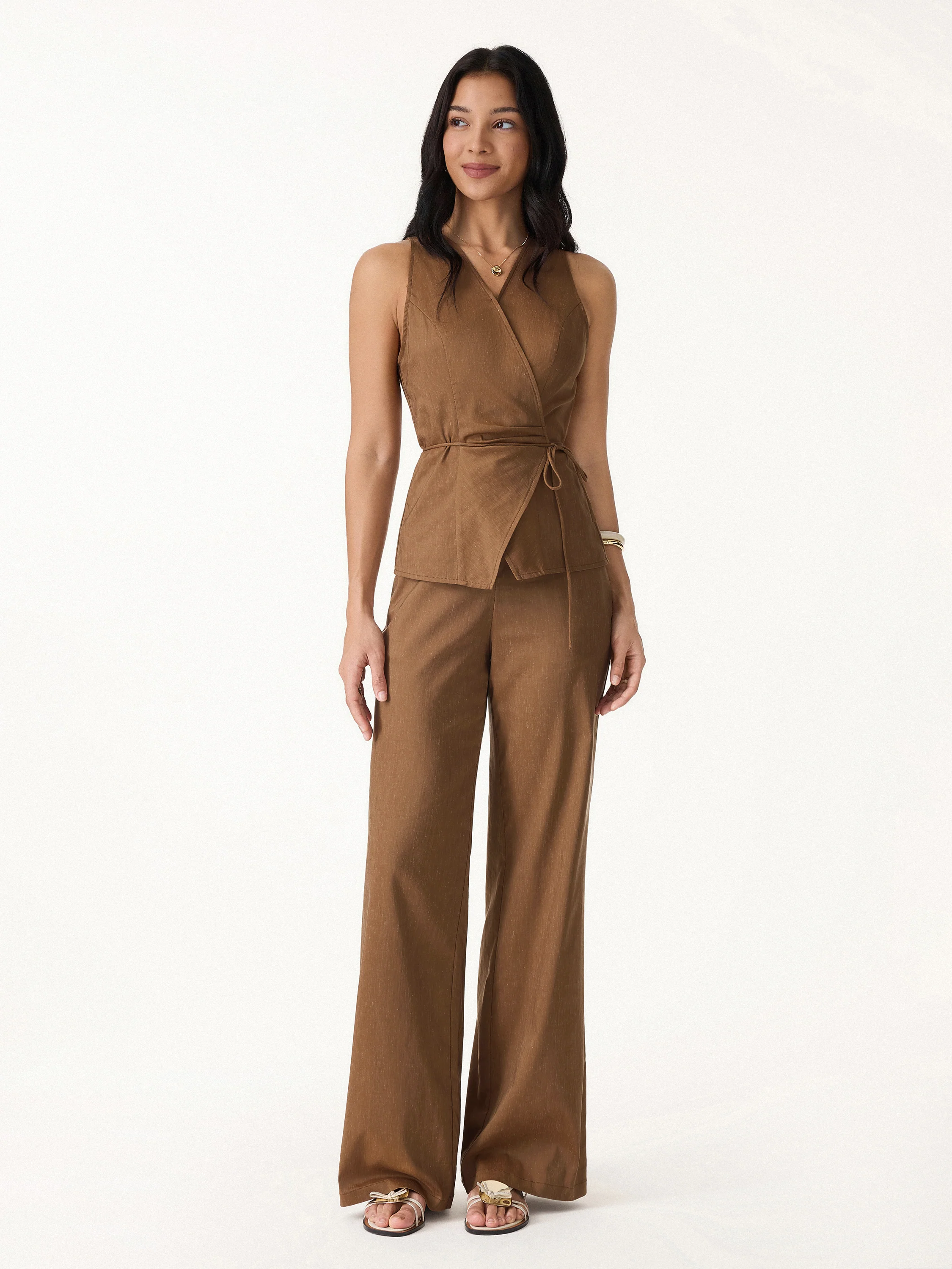 2Pcs Set Wrap Top with Self-Tie & Drawstring Wide Leg Pants with Pockets - Image 5
