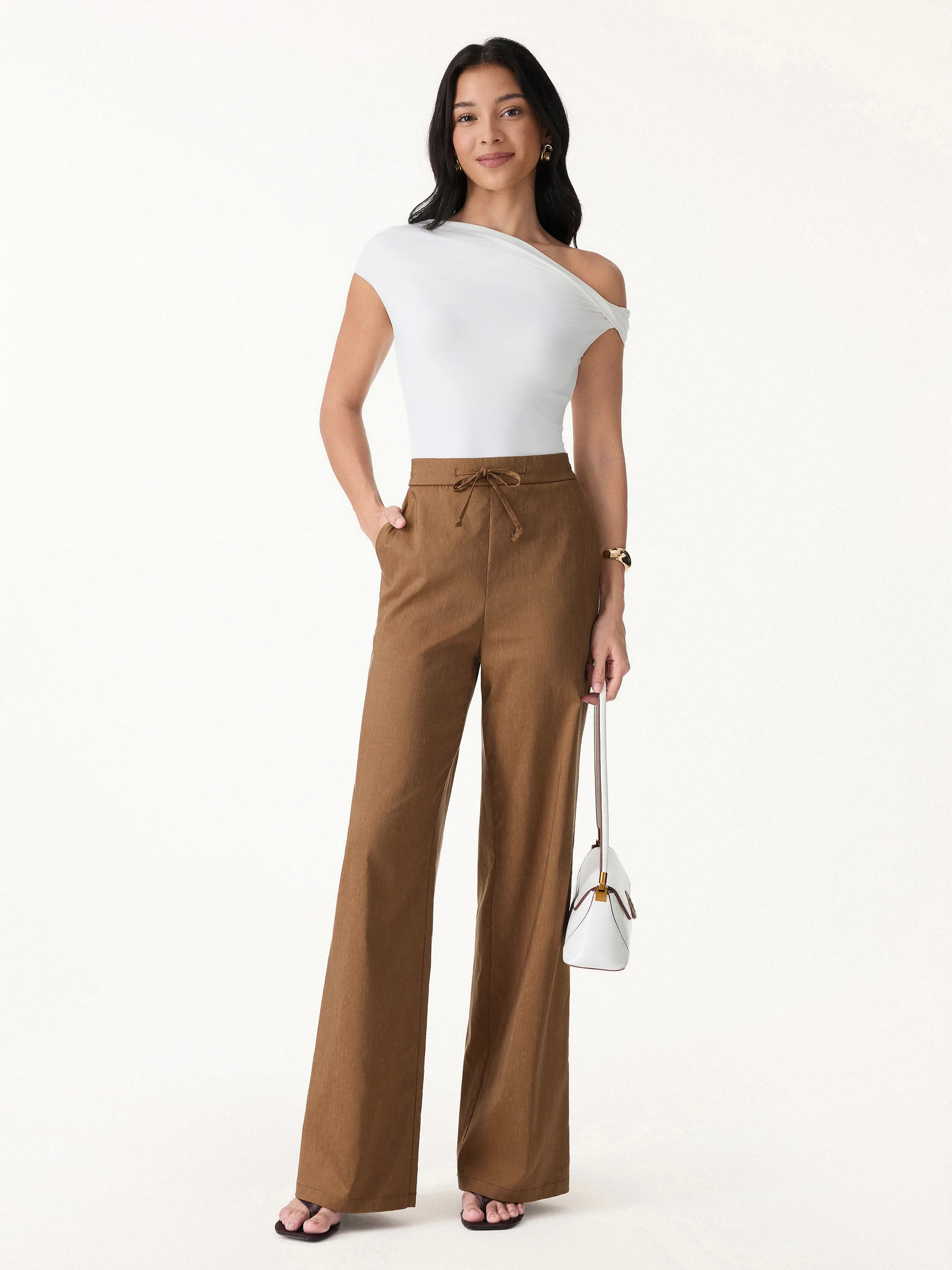 2Pcs Set Wrap Top with Self-Tie & Drawstring Wide Leg Pants with Pockets - Image 6