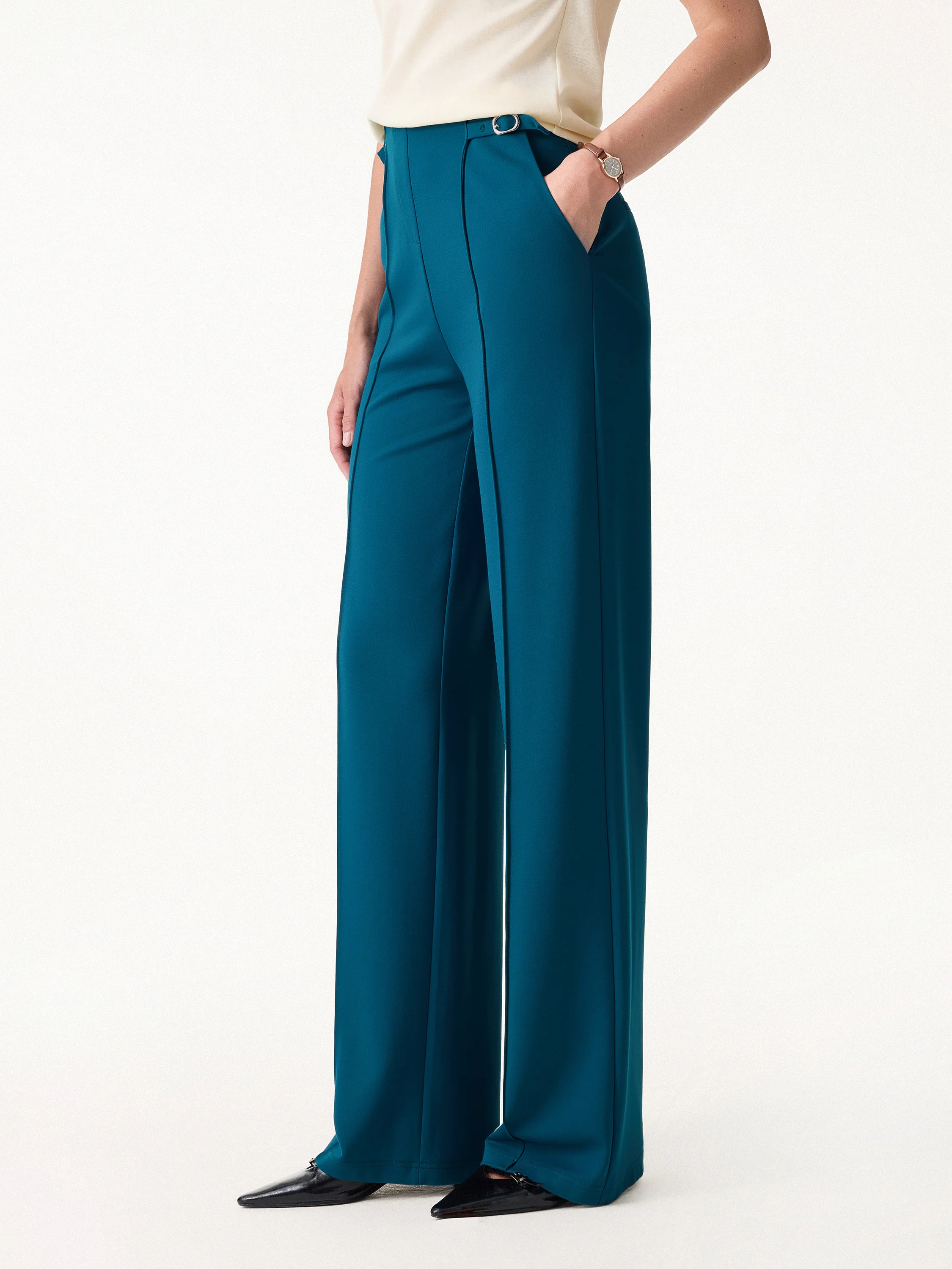 4-Way Stretch Drapey High Rise Wide Leg Ankled Pants