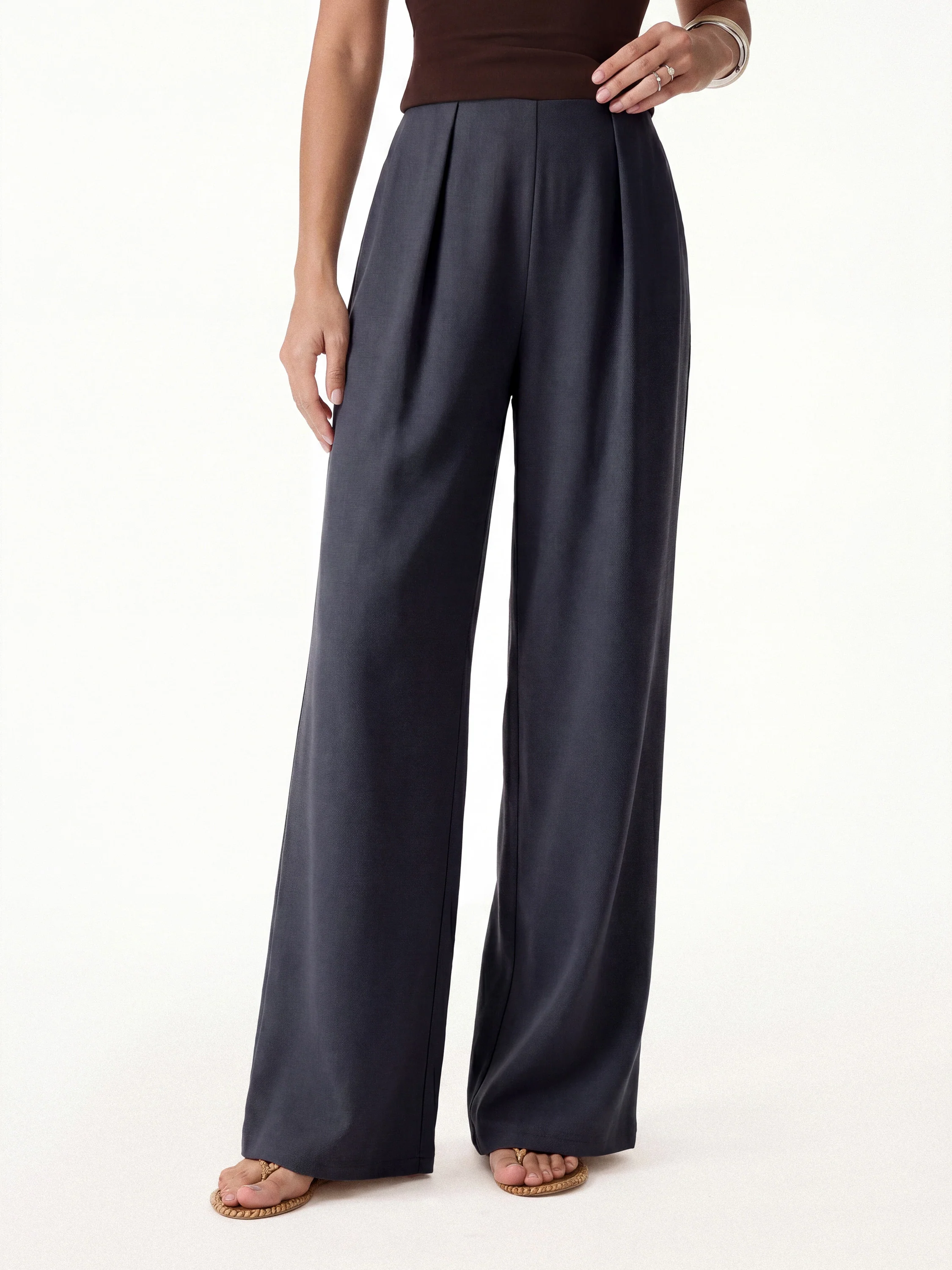 Airy Stretch Linen Wide Flare Pants with Pockets - Image 13