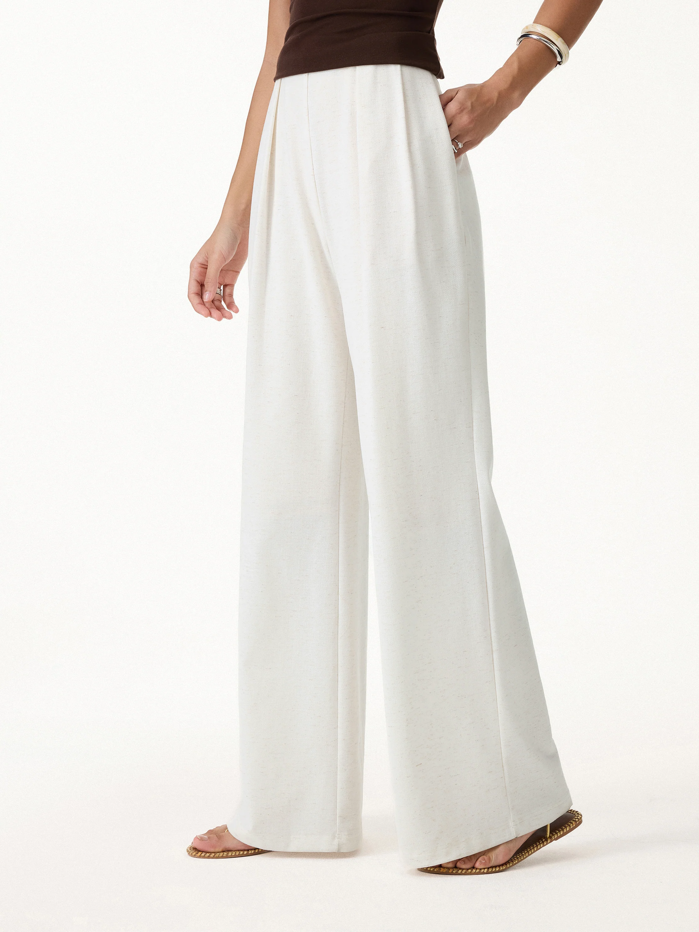 Airy Stretch Linen Wide Flare Pants with Pockets - Image 9