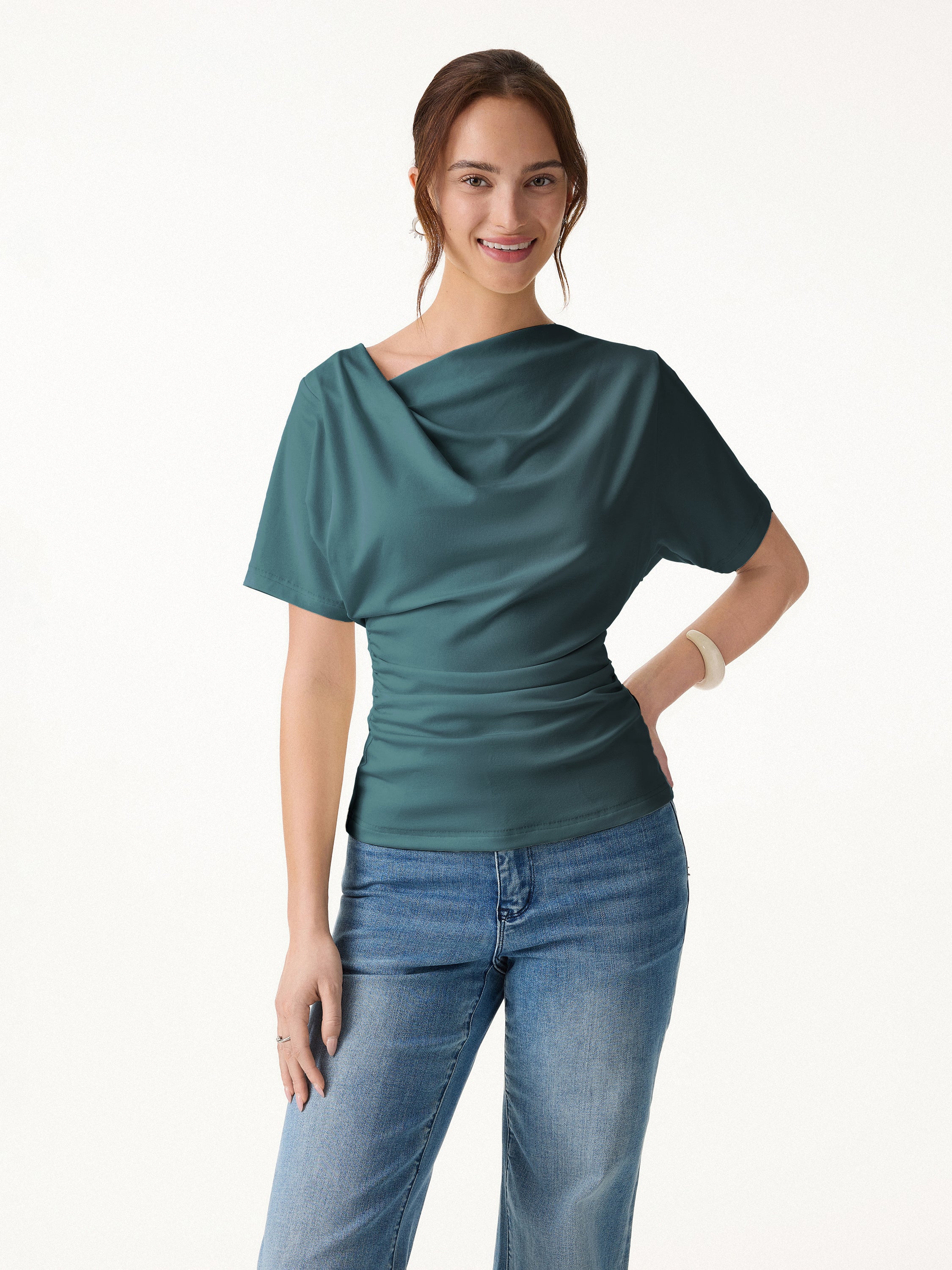 Asymmetrical Cowl Neck Ruched Top - Image 14