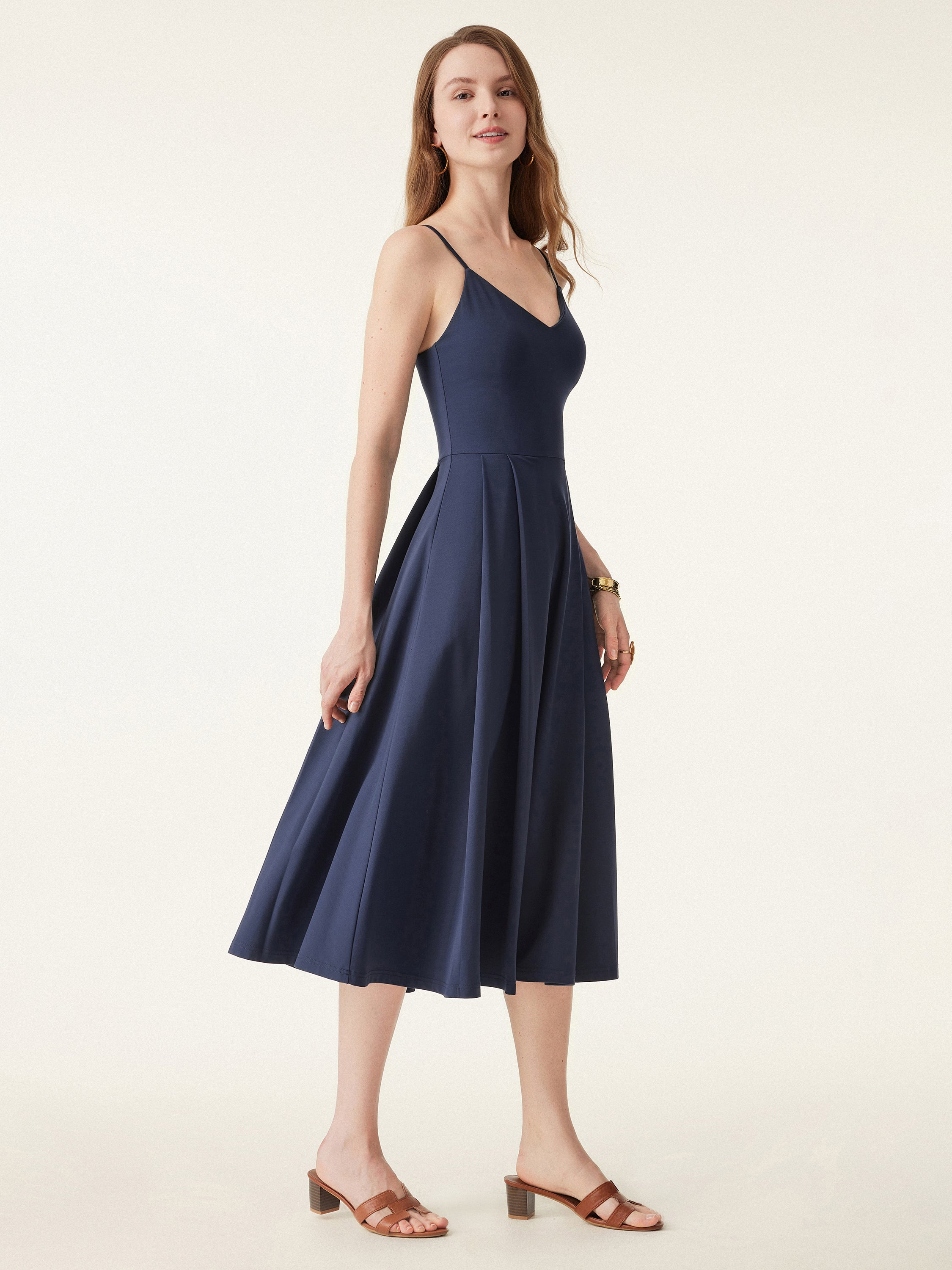 Bamboo Ponte V-neck Fit-and-flare Midi Bra Sundress with Pockets - Image 7