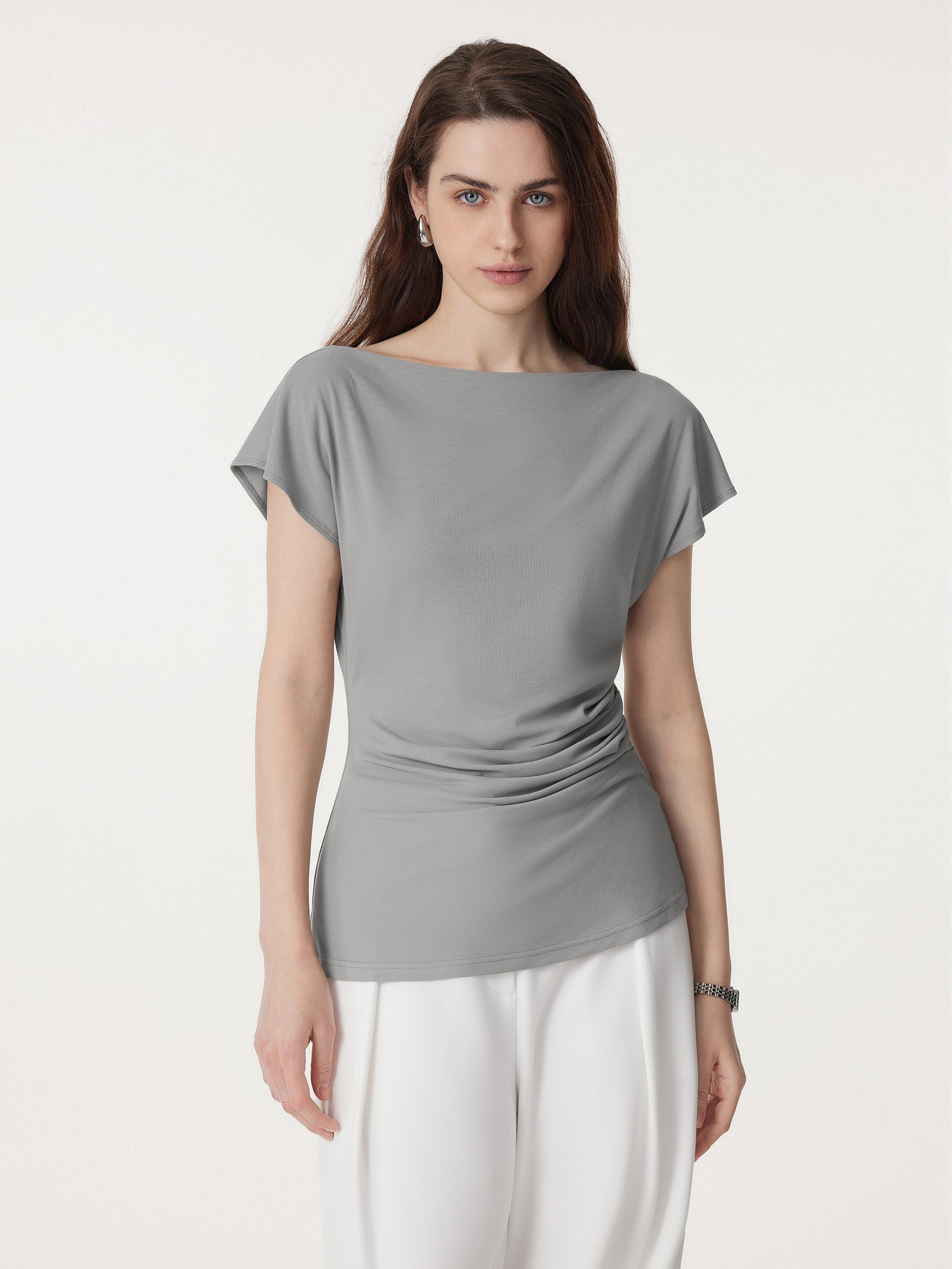 Boatneck Flutter Sleeve Side Tucked Long Tee - Image 10