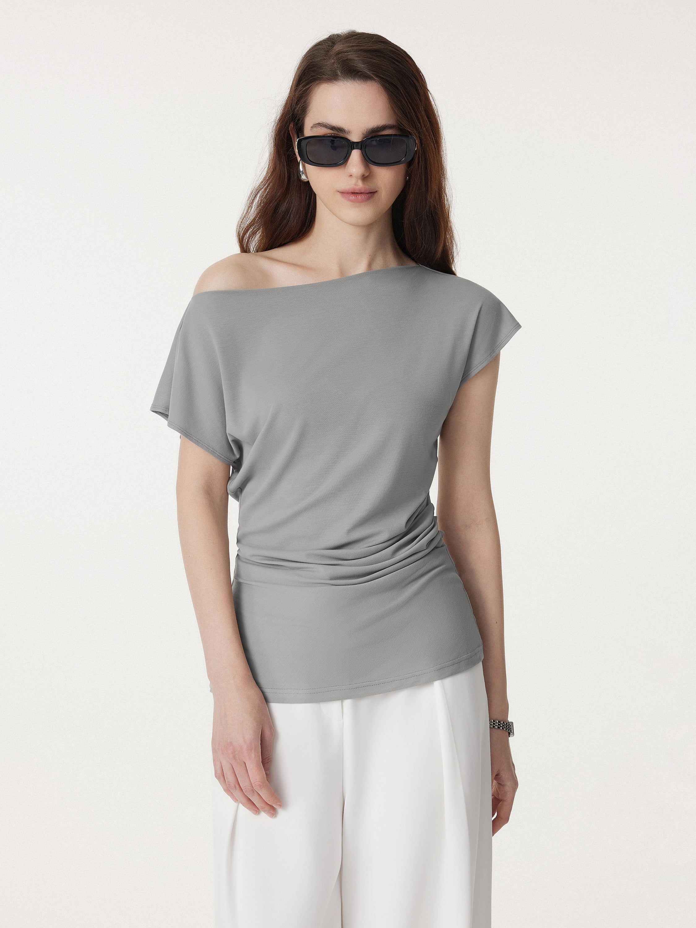 Boatneck Flutter Sleeve Side Tucked Long Tee - Image 11