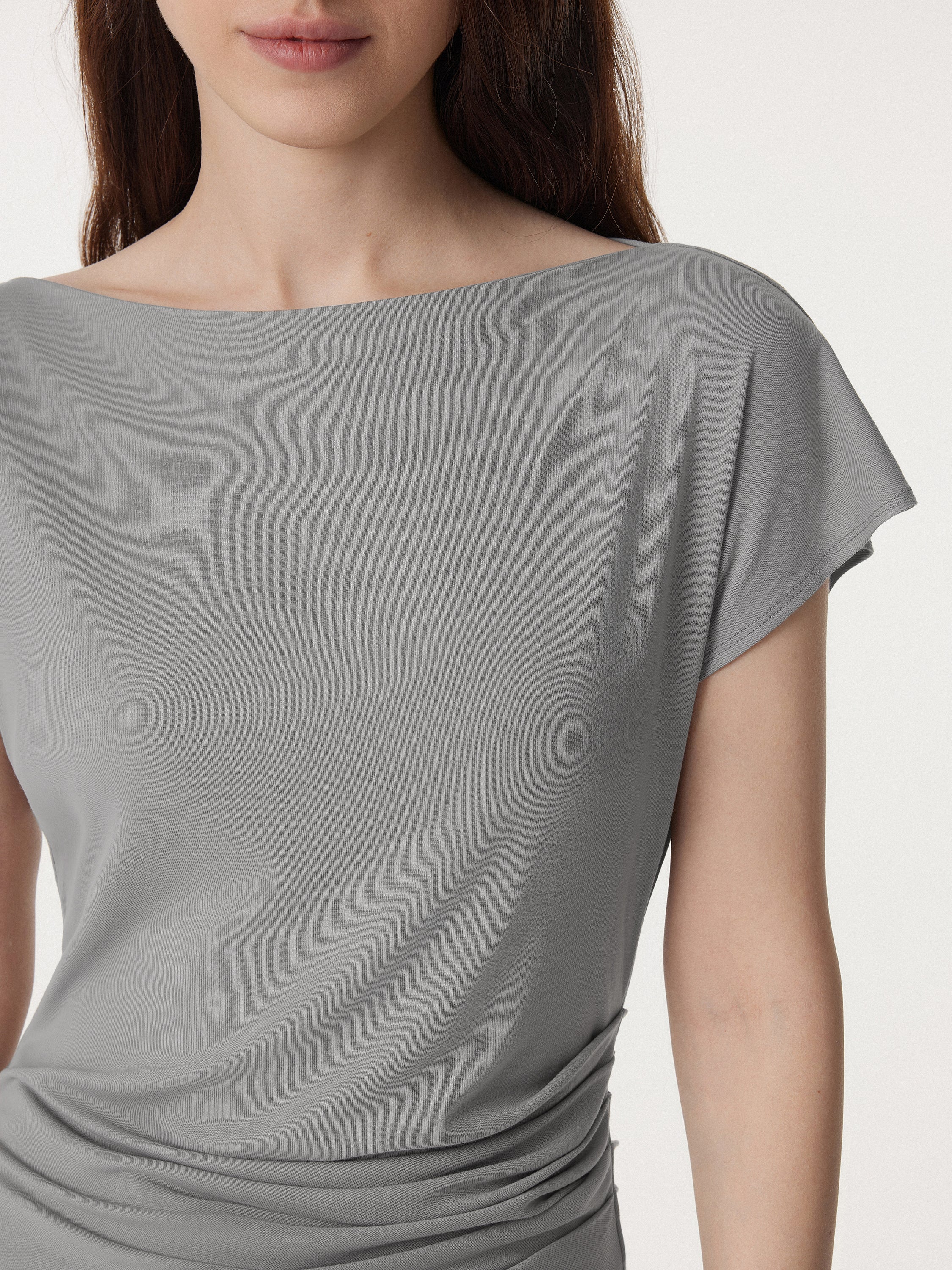 Boatneck Flutter Sleeve Side Tucked Long Tee - Image 12