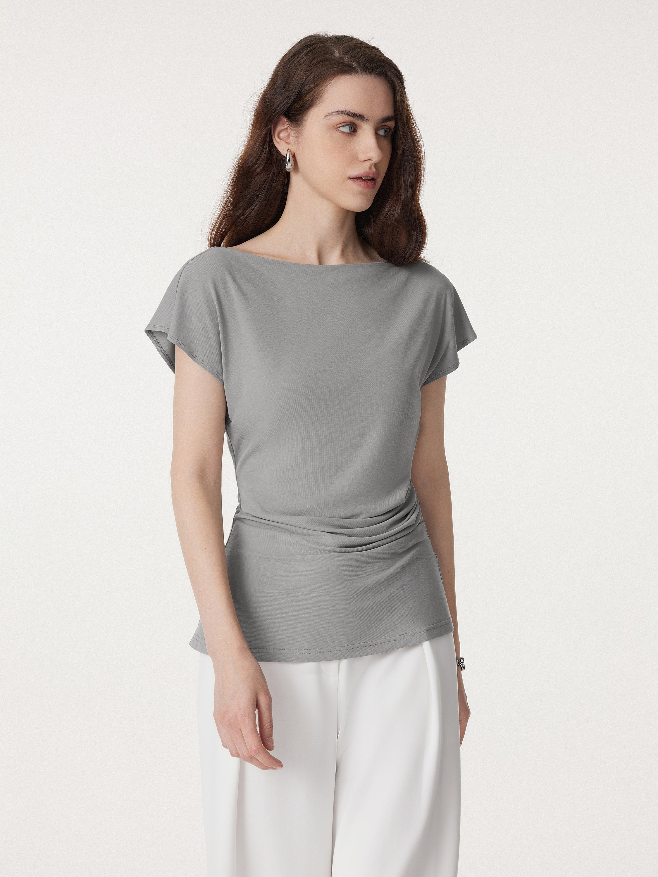 Boatneck Flutter Sleeve Side Tucked Long Tee - Image 13