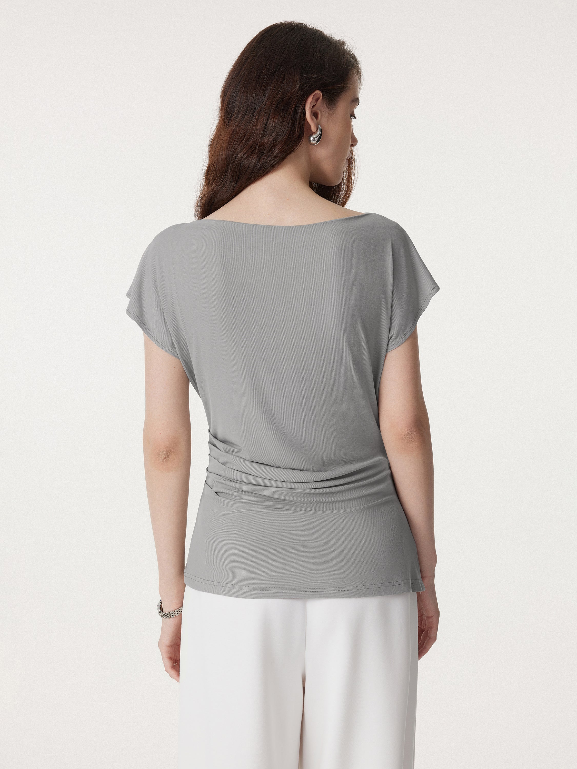 Boatneck Flutter Sleeve Side Tucked Long Tee - Image 14