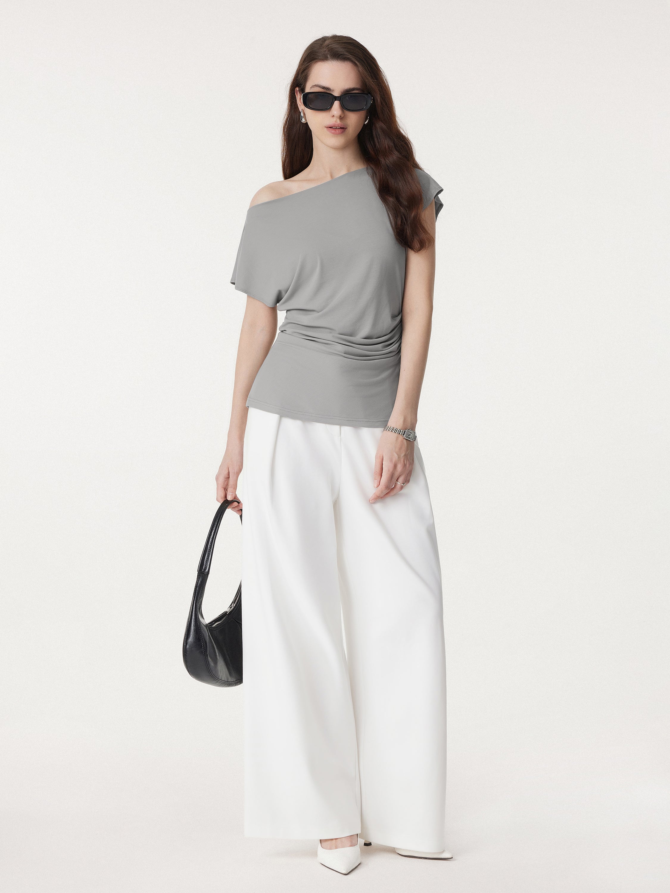 Boatneck Flutter Sleeve Side Tucked Long Tee - Image 3