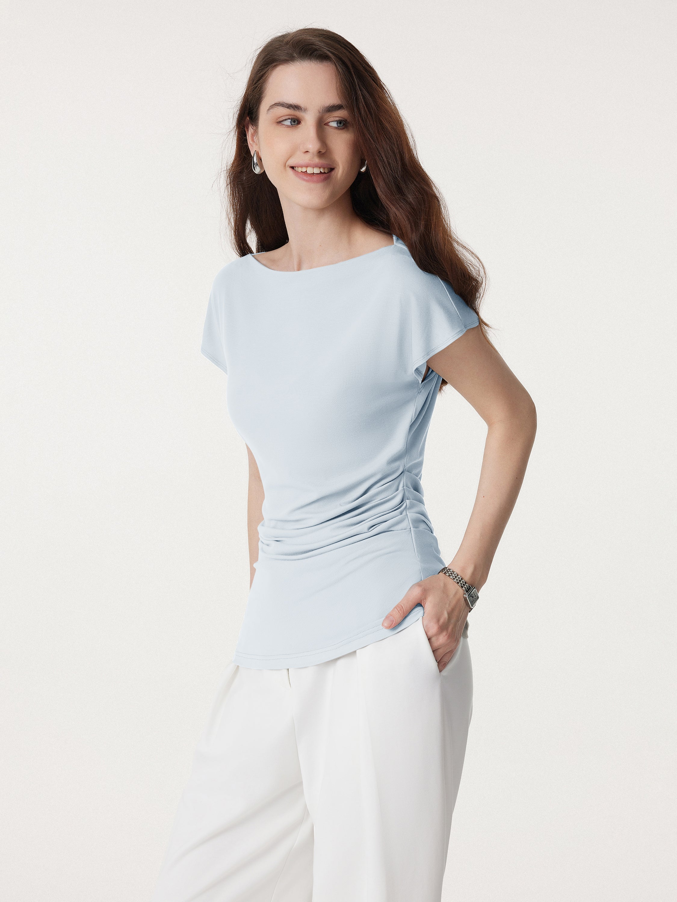 Boatneck Flutter Sleeve Side Tucked Long Tee - Image 6