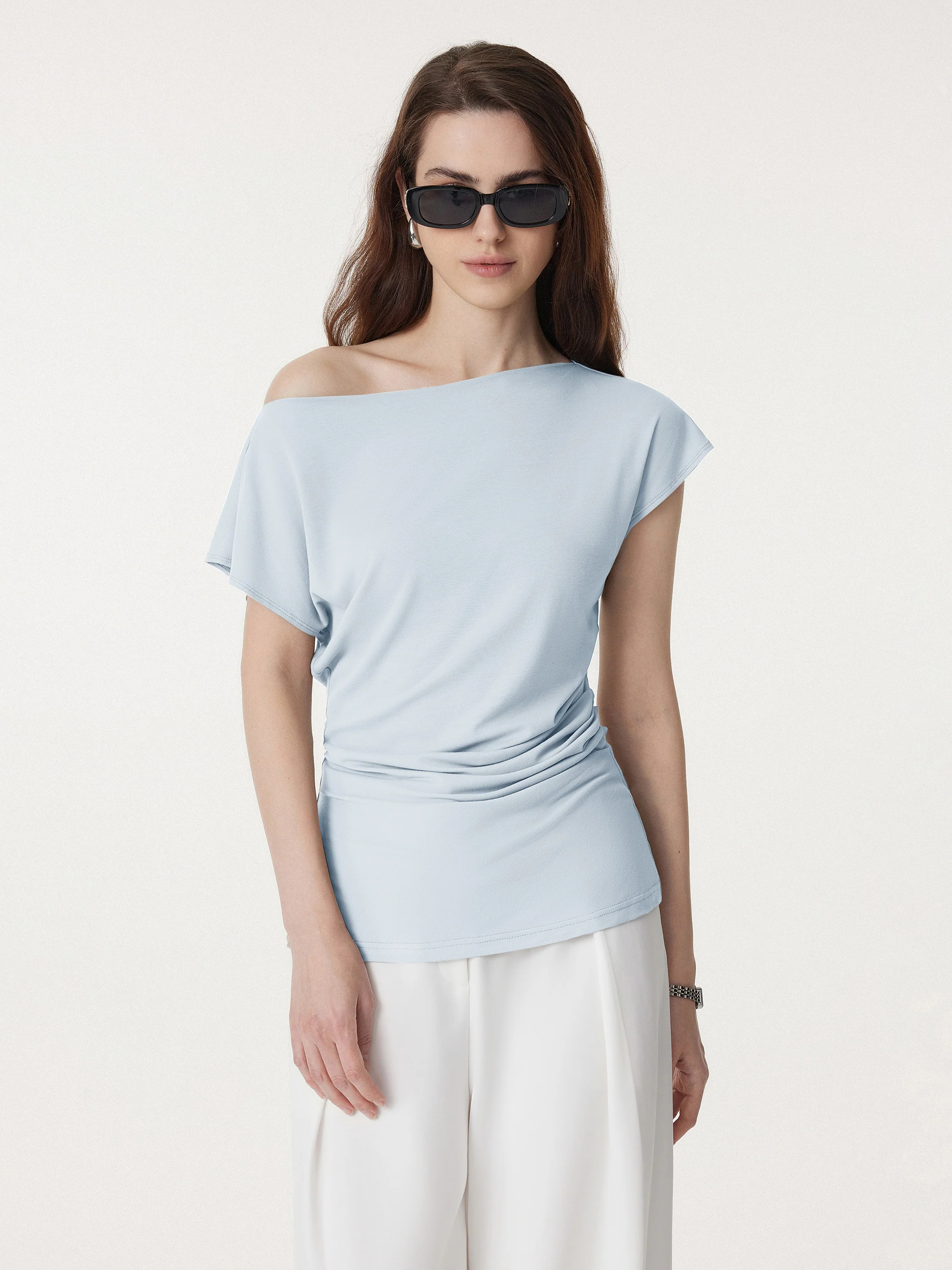 Boatneck Flutter Sleeve Side Tucked Long Tee - Image 8
