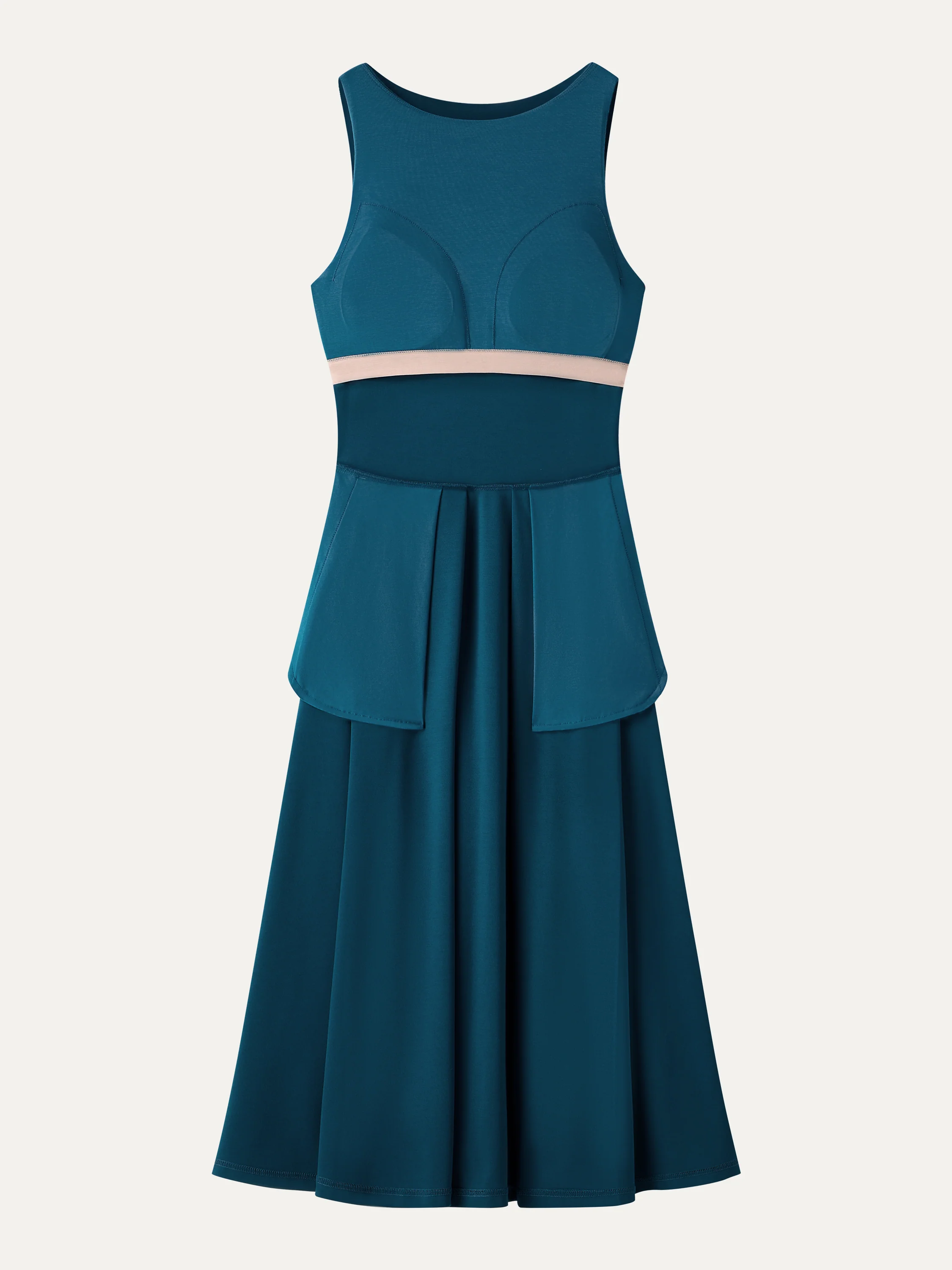 Boatneck Pleated Fit-and-Flare Midi Bra Dress with Pockets - Image 11