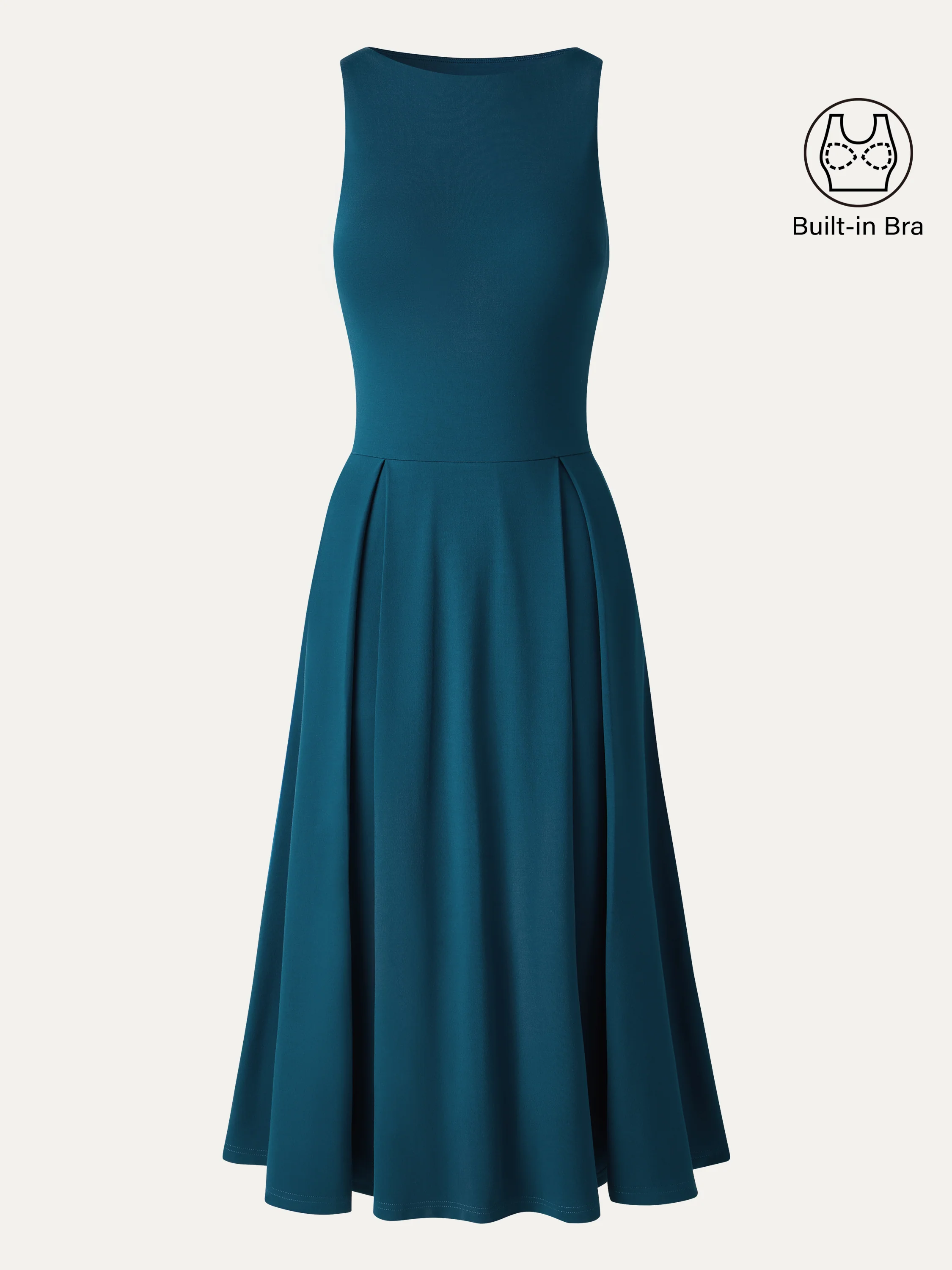 Boatneck Pleated Fit-and-Flare Midi Bra Dress with Pockets - Image 12