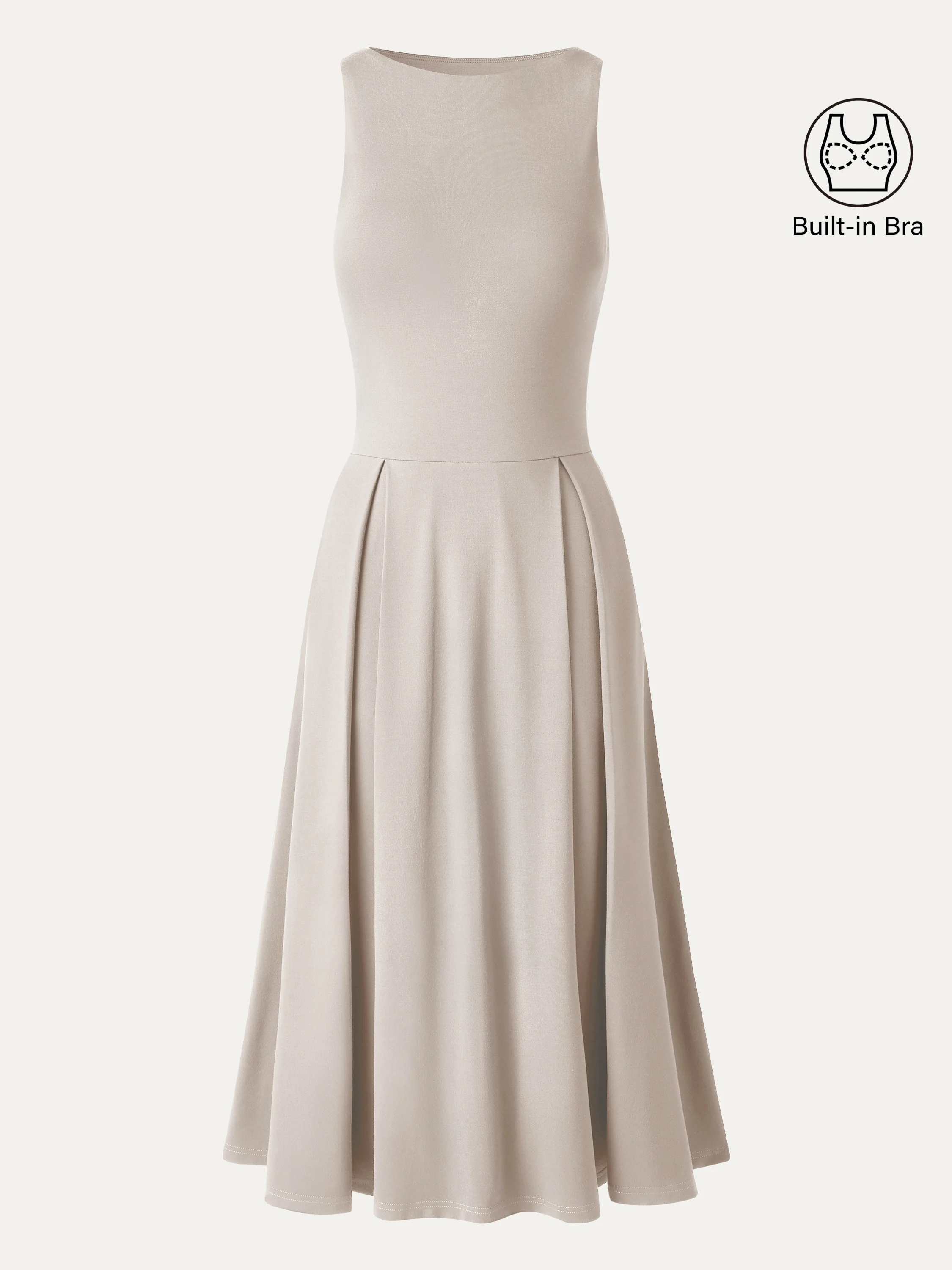 Boatneck Pleated Fit-and-Flare Midi Bra Dress with Pockets - Image 13