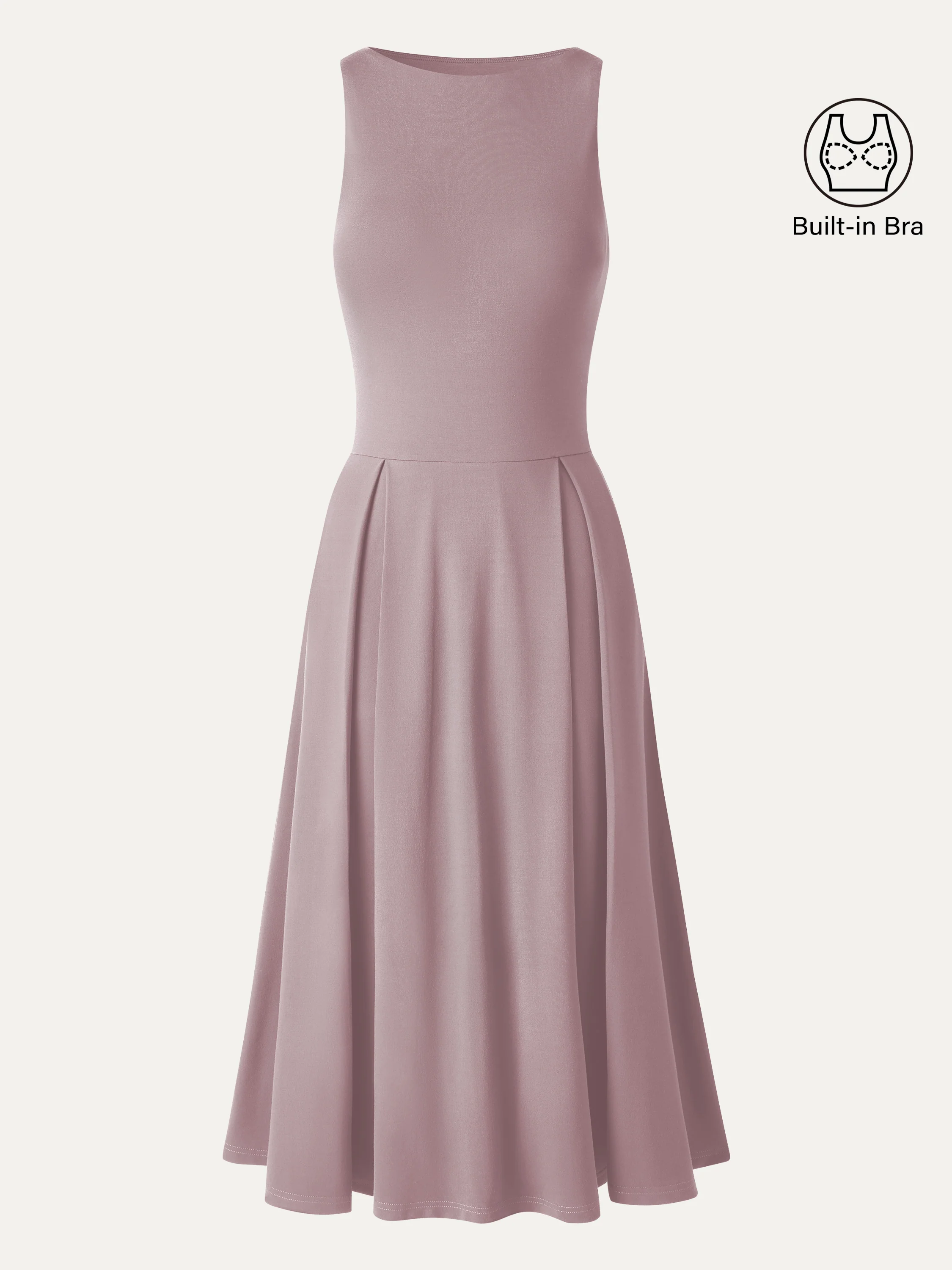 Boatneck Pleated Fit-and-Flare Midi Bra Dress with Pockets - Image 14