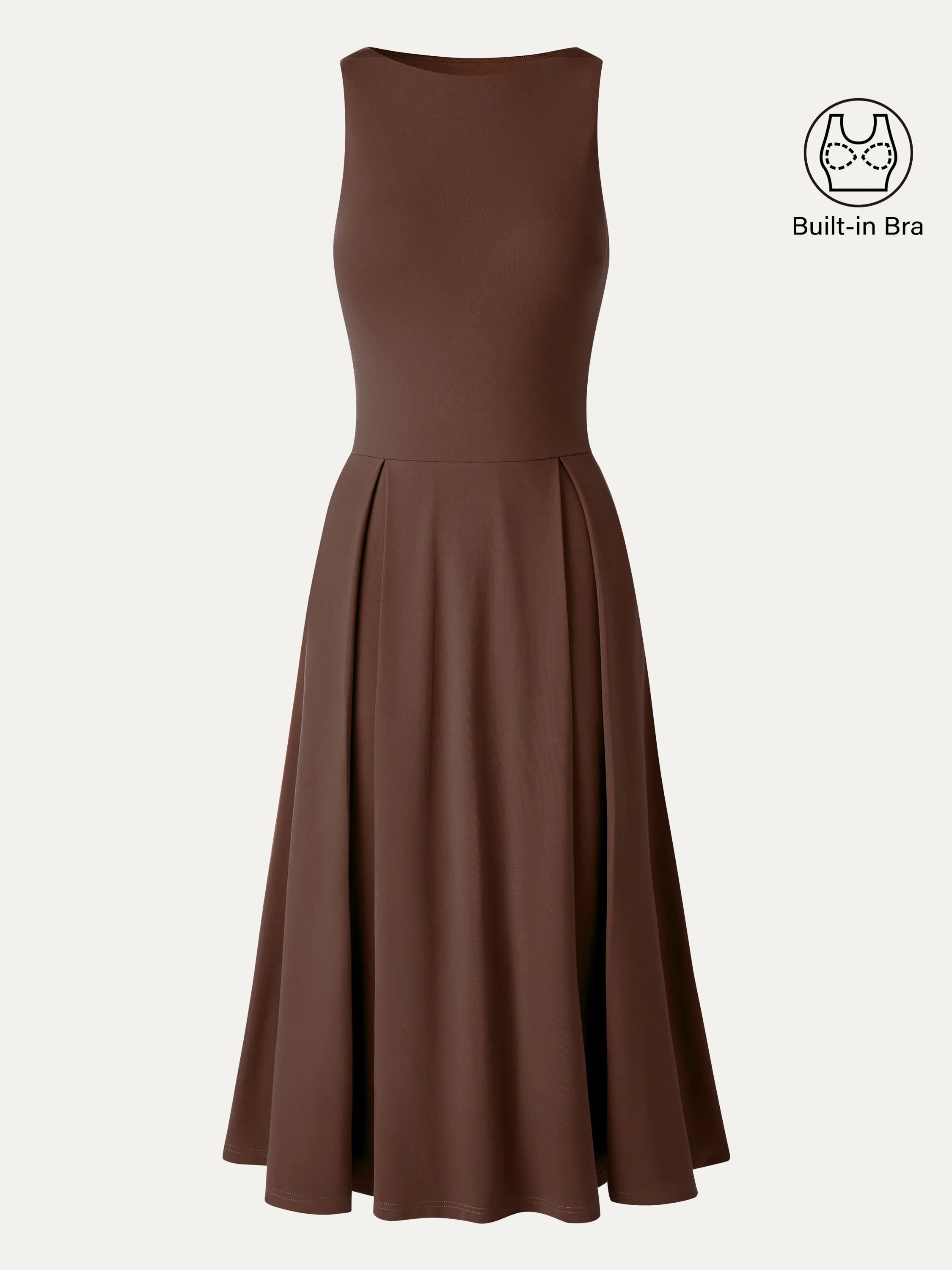 Boatneck Pleated Fit-and-Flare Midi Bra Dress with Pockets - Image 15