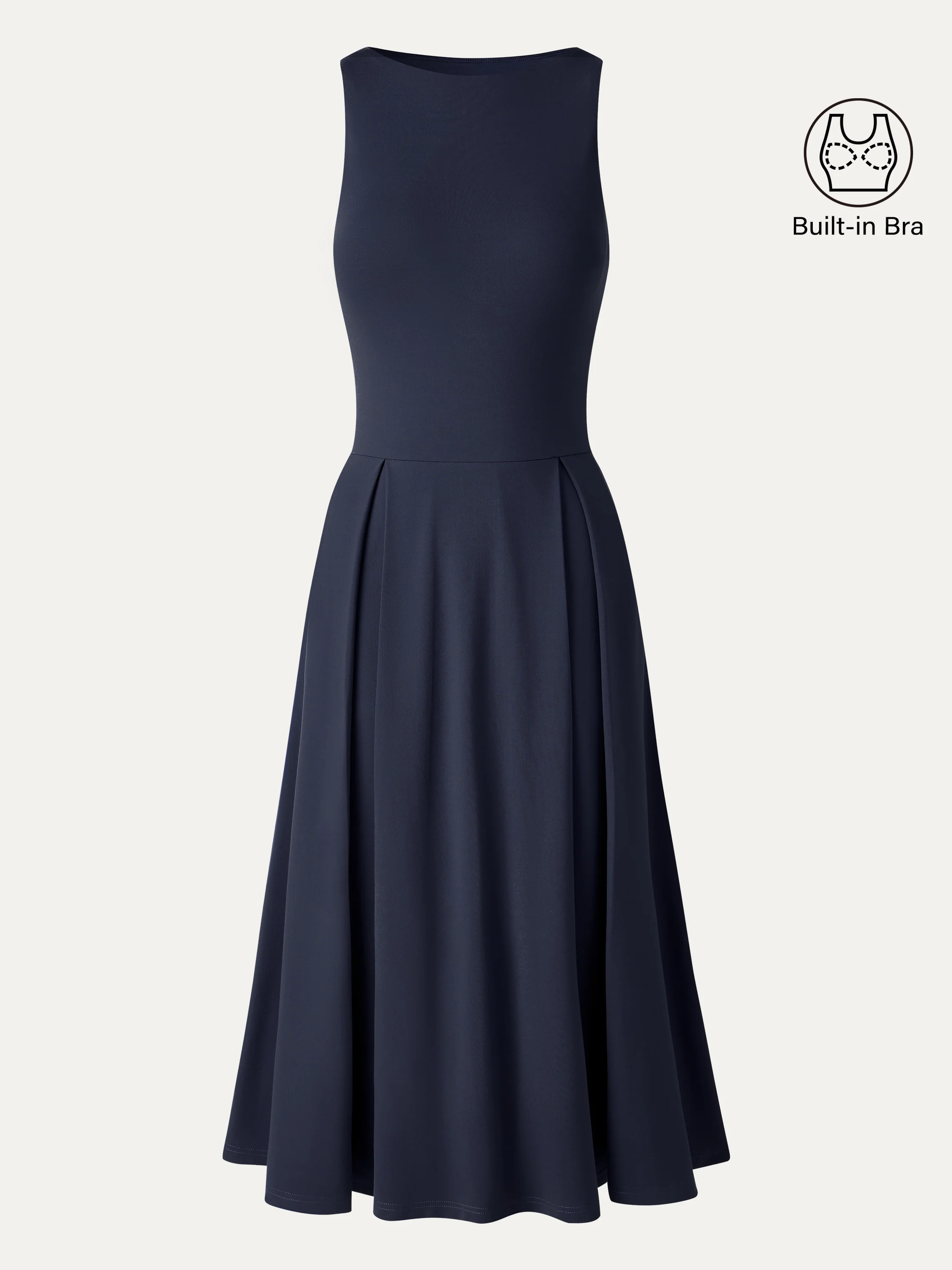 Boatneck Pleated Fit-and-Flare Midi Bra Dress with Pockets - Image 16