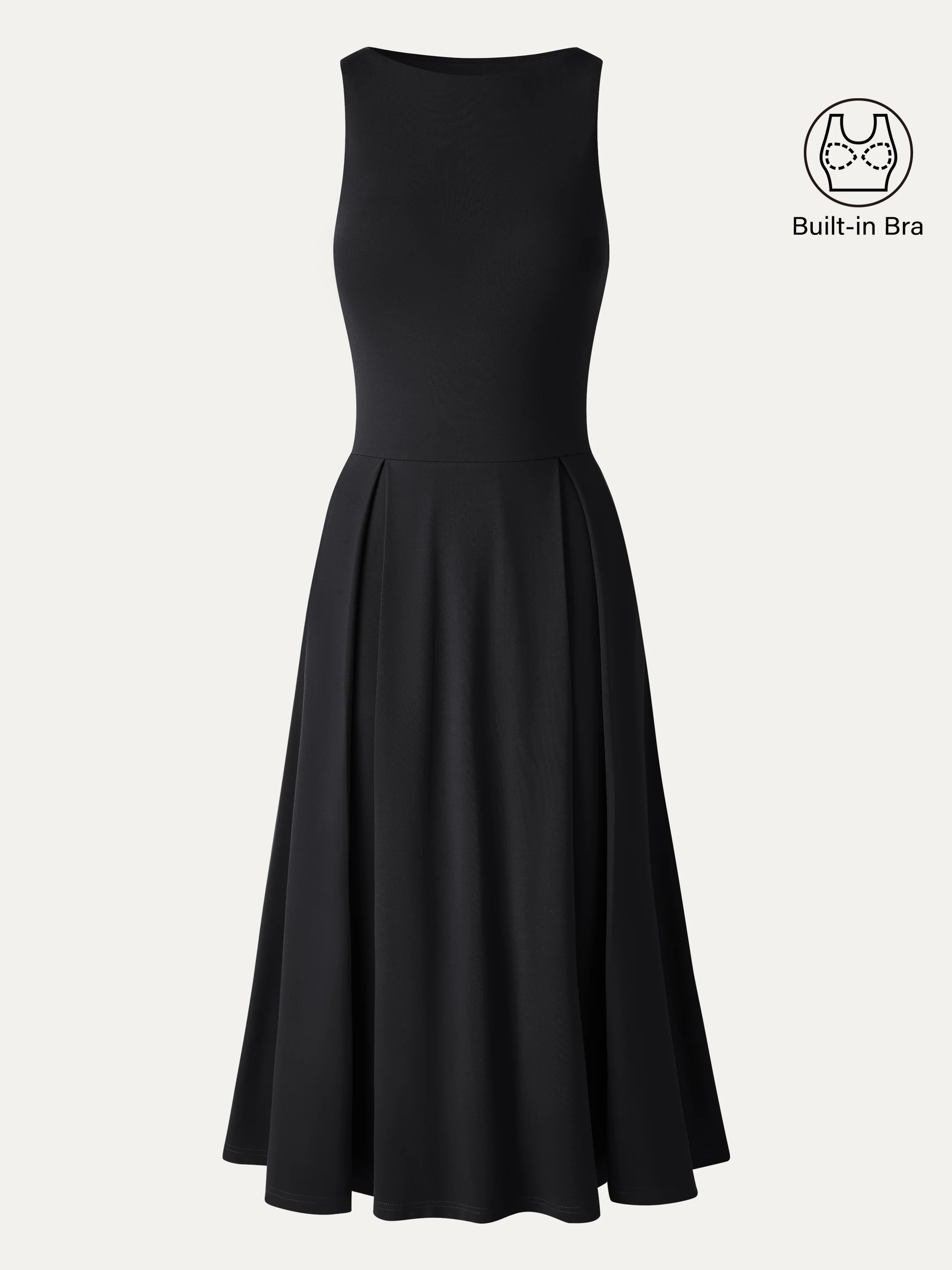 Boatneck Pleated Fit-and-Flare Midi Bra Dress with Pockets - Image 17
