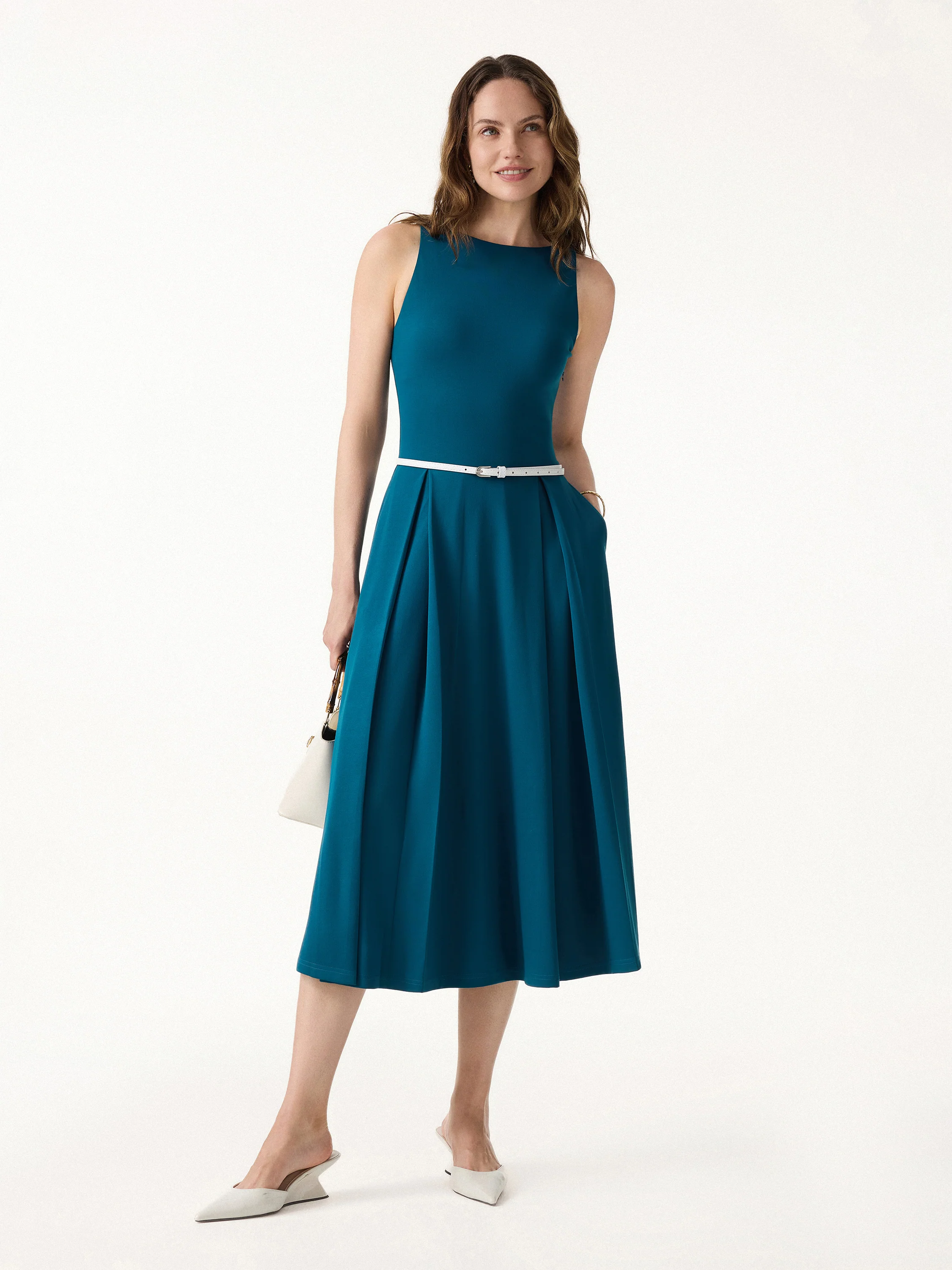 Boatneck Pleated Fit-and-Flare Midi Bra Dress with Pockets - Image 2