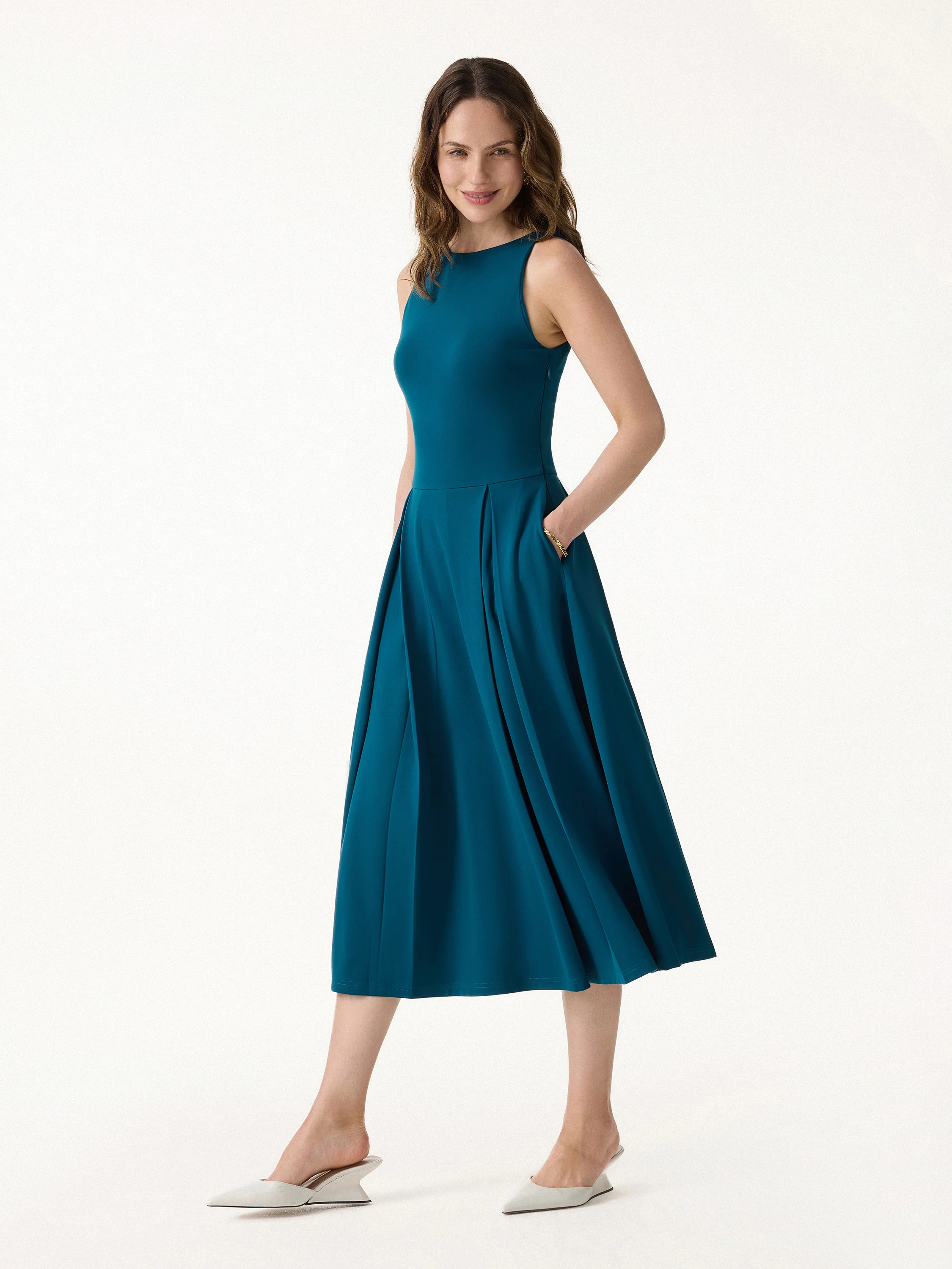 Boatneck Pleated Fit-and-Flare Midi Bra Dress with Pockets - Image 7