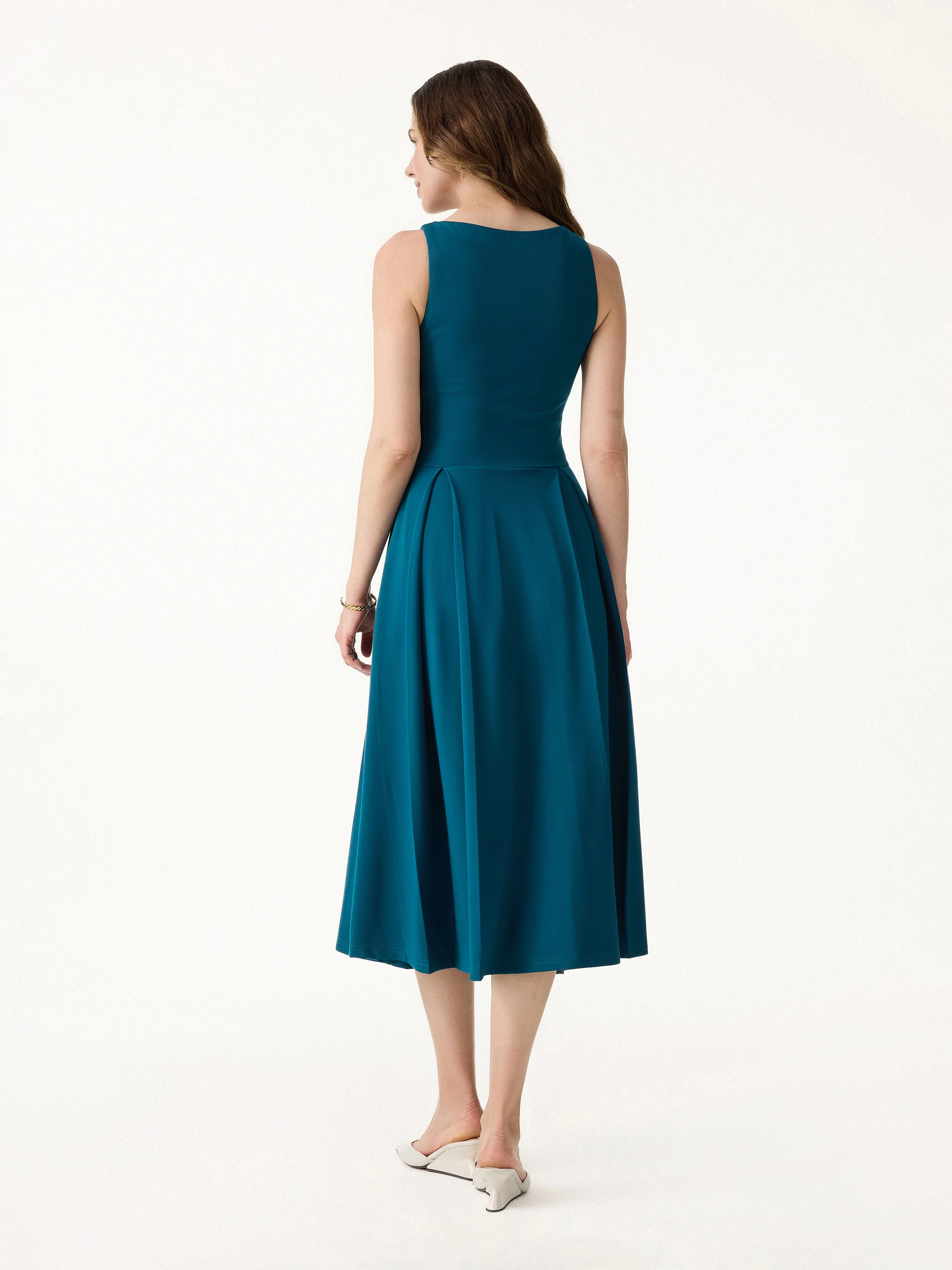 Boatneck Pleated Fit-and-Flare Midi Bra Dress with Pockets - Image 9