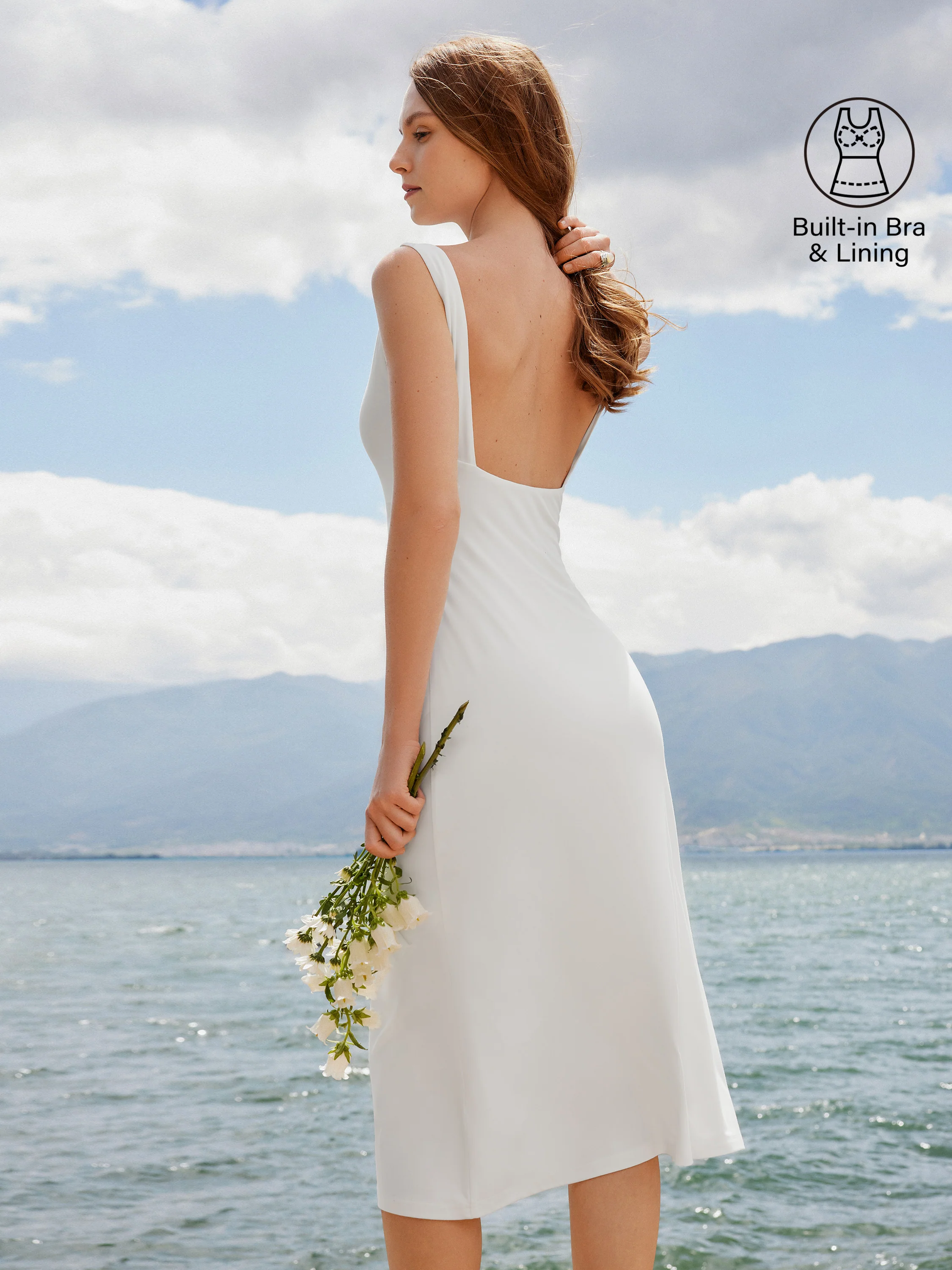 Classy Boatneck Open Back Bandless Midi Bra Dress - Image 3