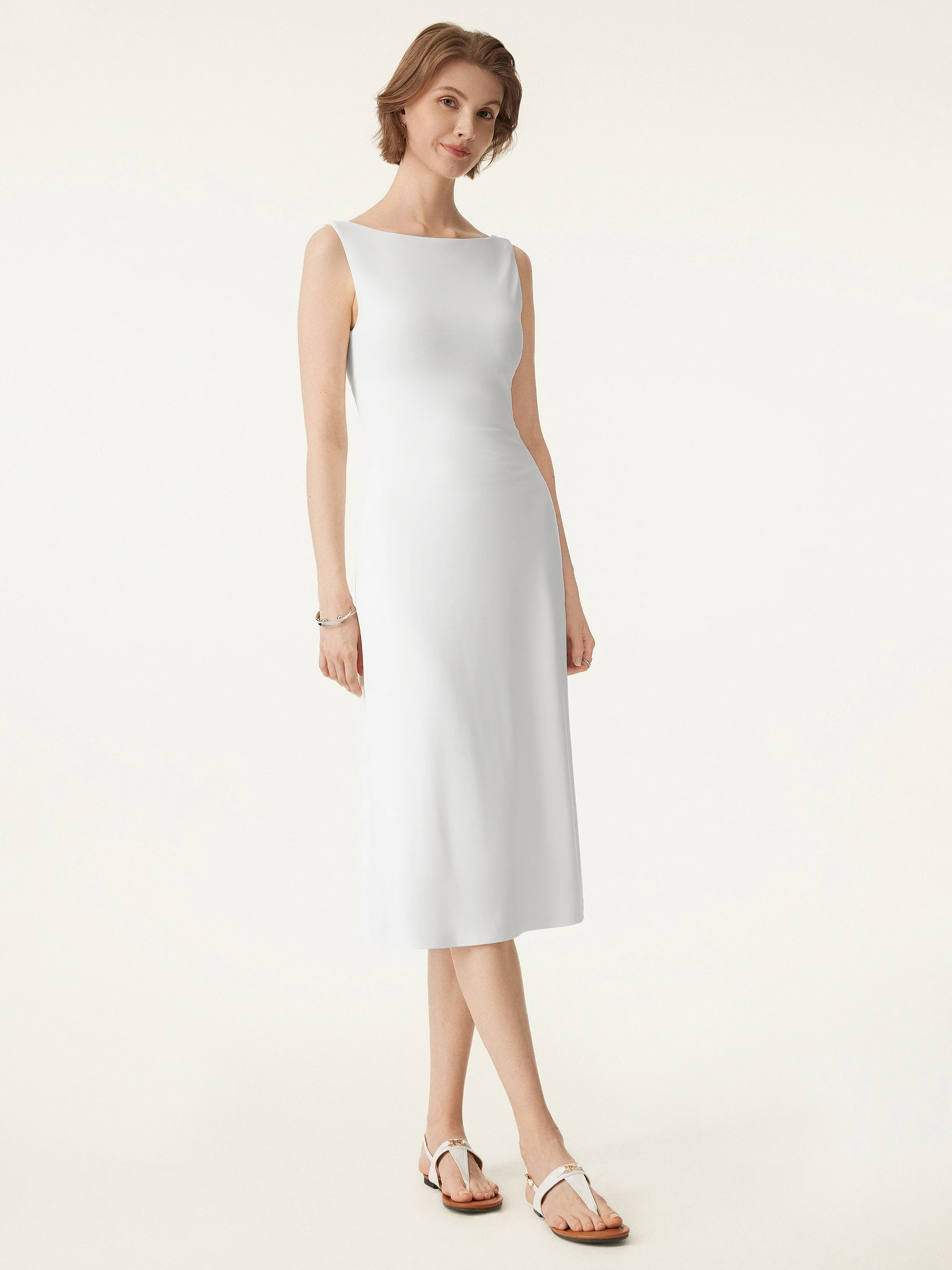 Classy Boatneck Open Back Bandless Midi Bra Dress - Image 8