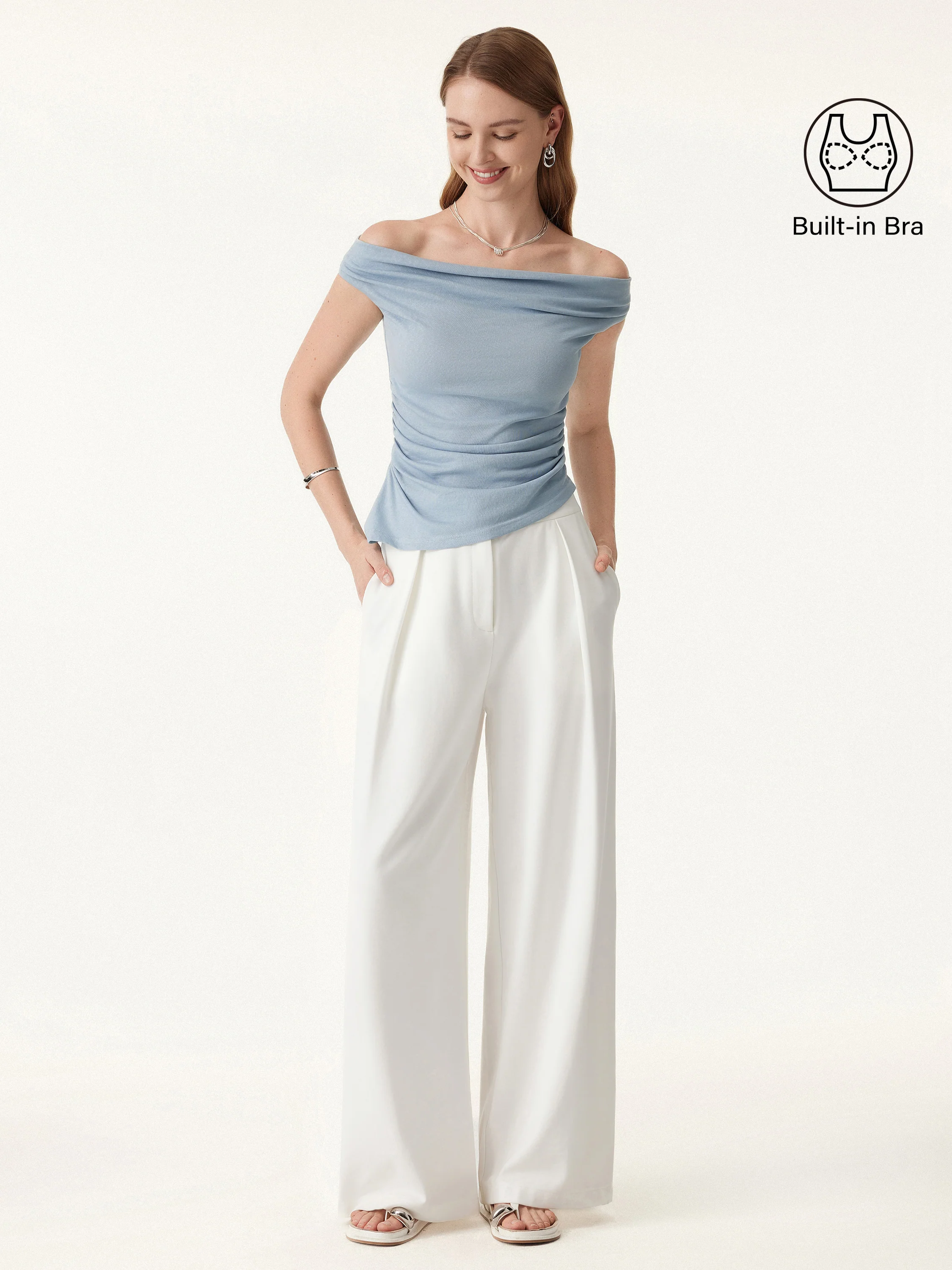 Off Shoulder Cotton-Linen Gathered New Airy Bra Tank - Image 3