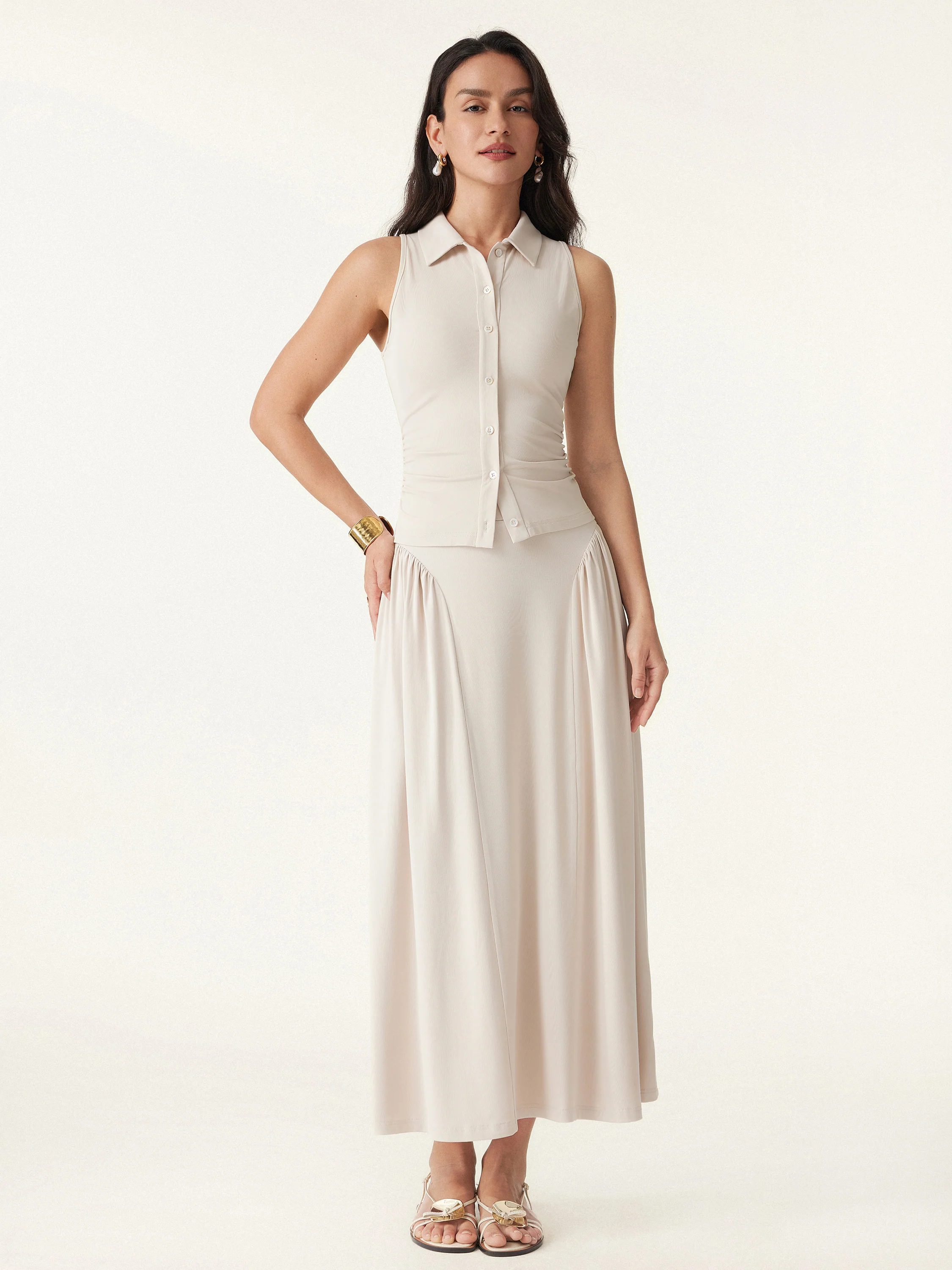 Collared Faux Button Placket Side Ruched Vest Top - Image 4