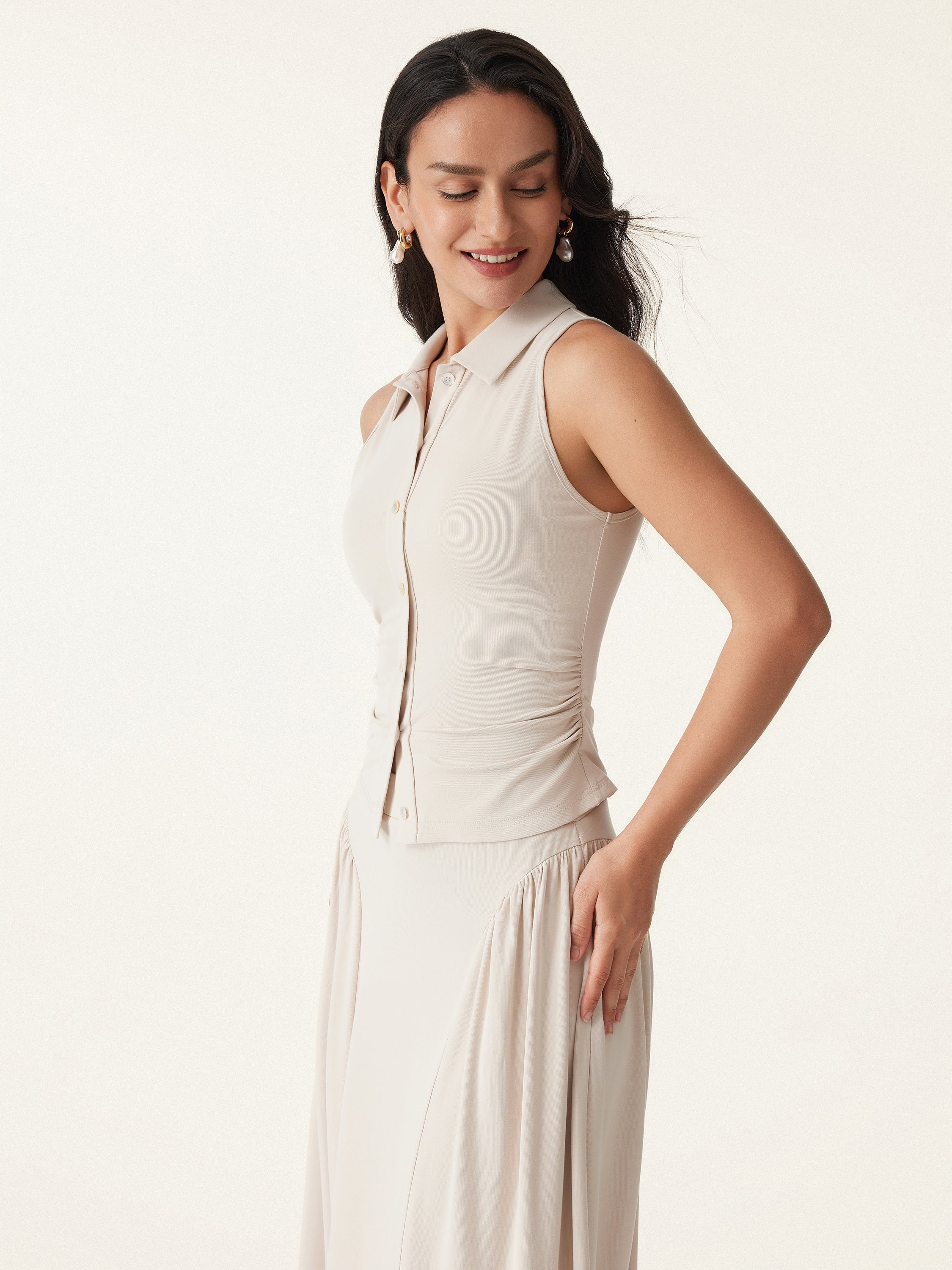 Collared Faux Button Placket Side Ruched Vest Top - Image 7