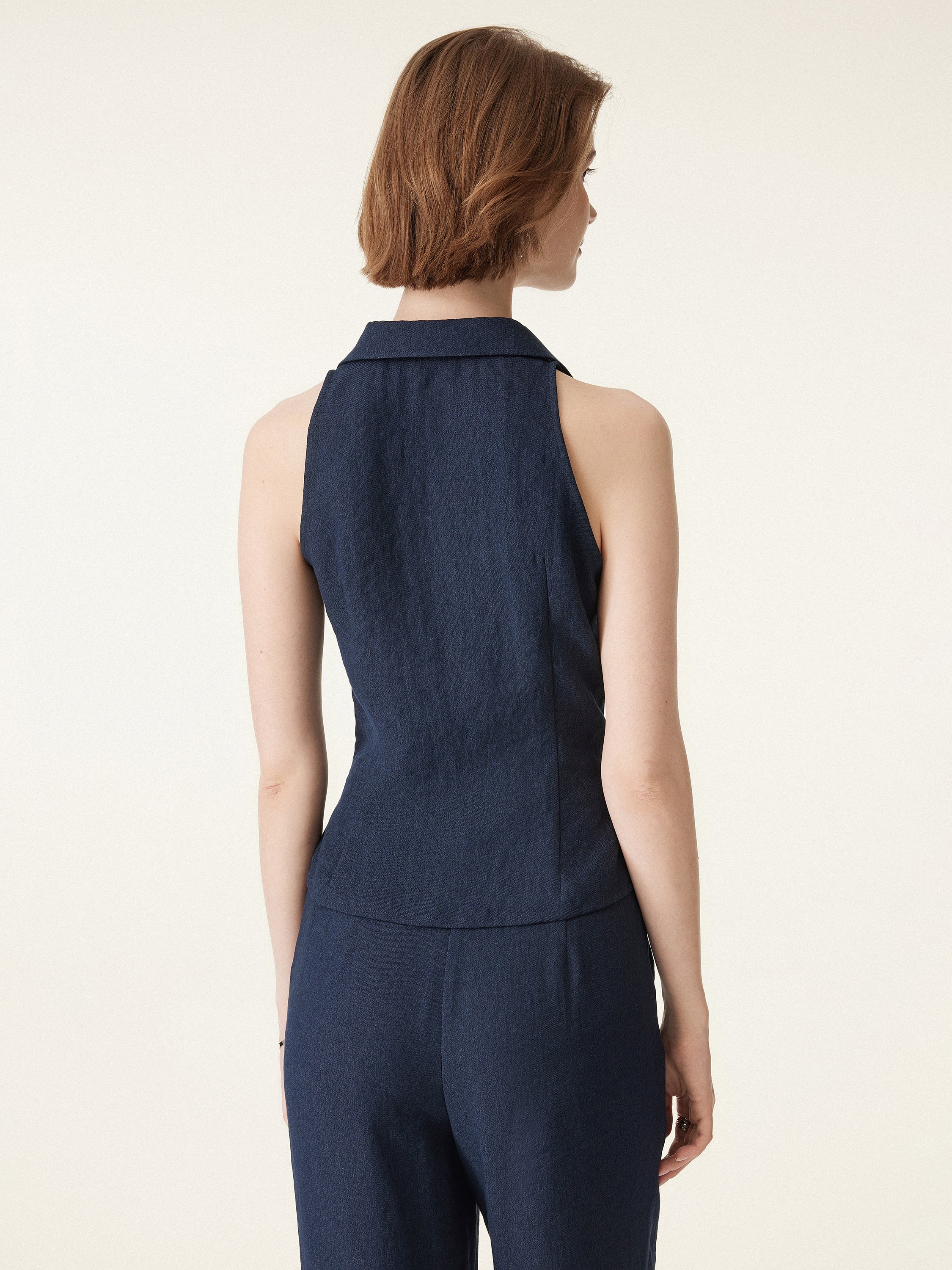 Collared V-neck Pleated Sleeveless Top with Drawstring - Image 10